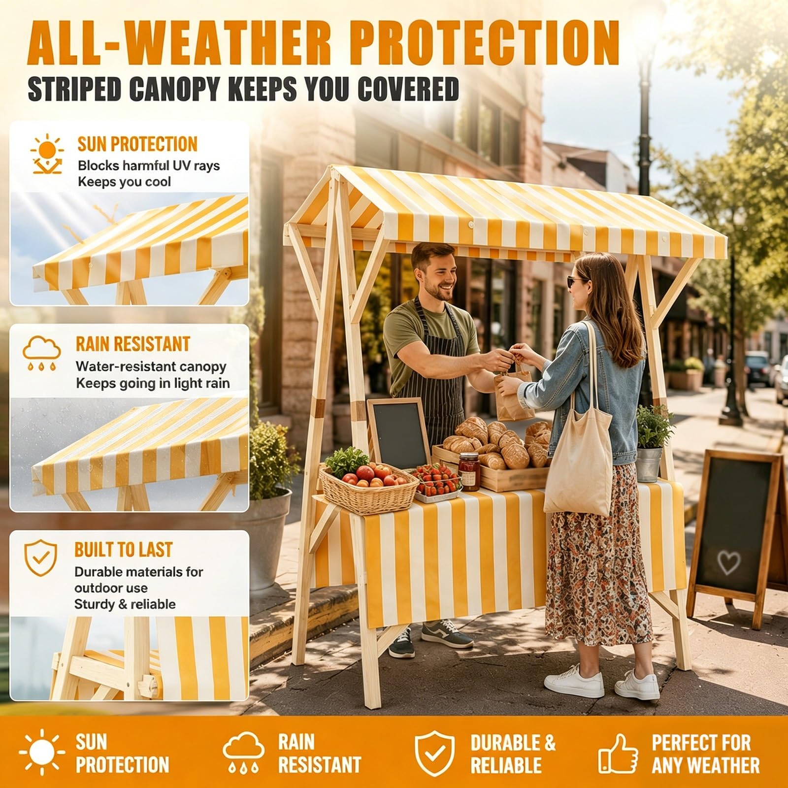 HARELA Genérico Puesto De Mercado con Toldo, Carrito de Comida callejera de Madera, Puestos Plegables, para Venta De Alimentos, Puestos Callejeros, Ferias De Artesanía(Green B,150cm/59in)