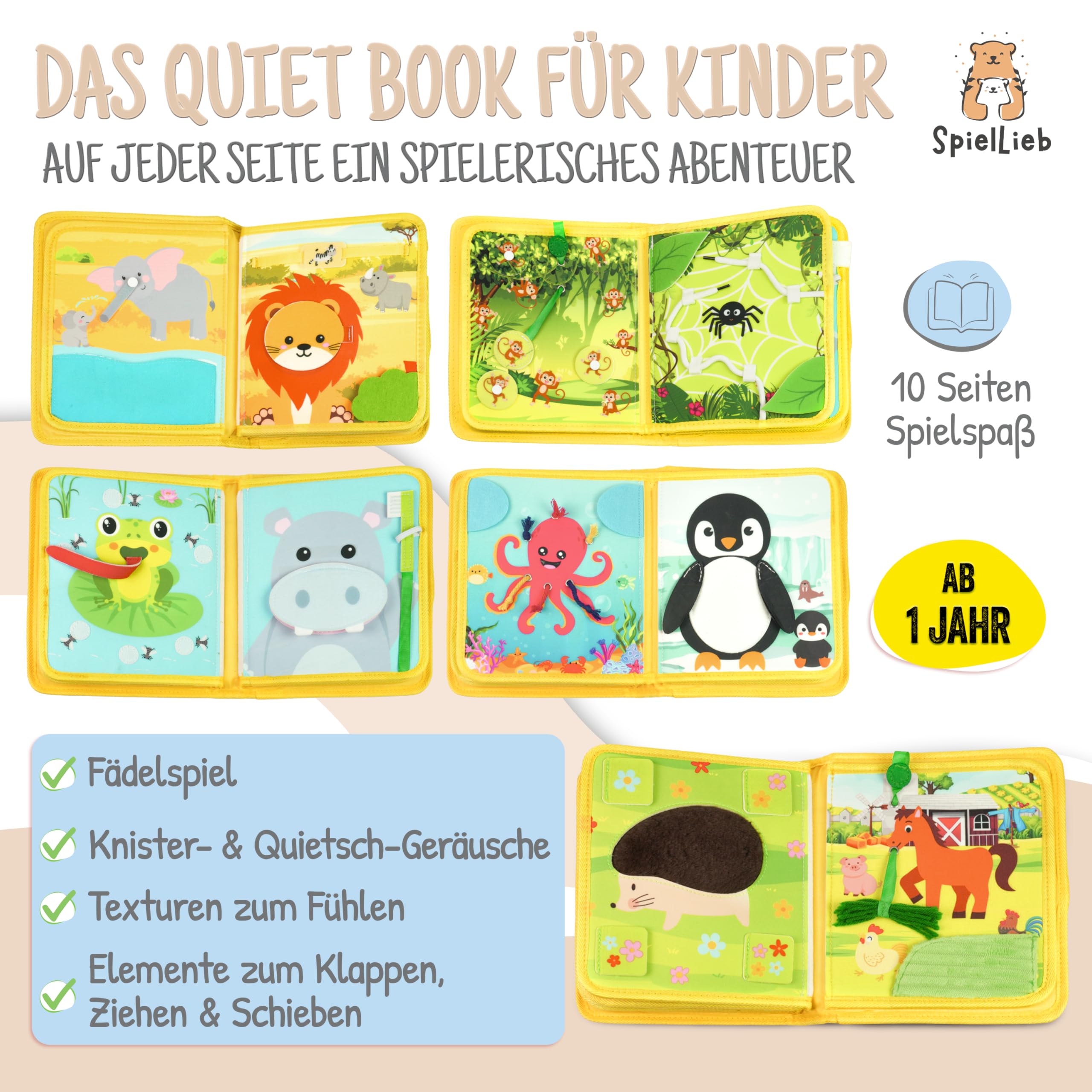 SpielLieb® Montessori Quiet Book ab 1 Jahr - interaktives Busy Board ab 1 Jahr mit Tieren - Quiet Book & Motorikspielzeug, ideale Beschäftigung für Autofahrten - Geschenk Junge & Mädchen (Gelb)
