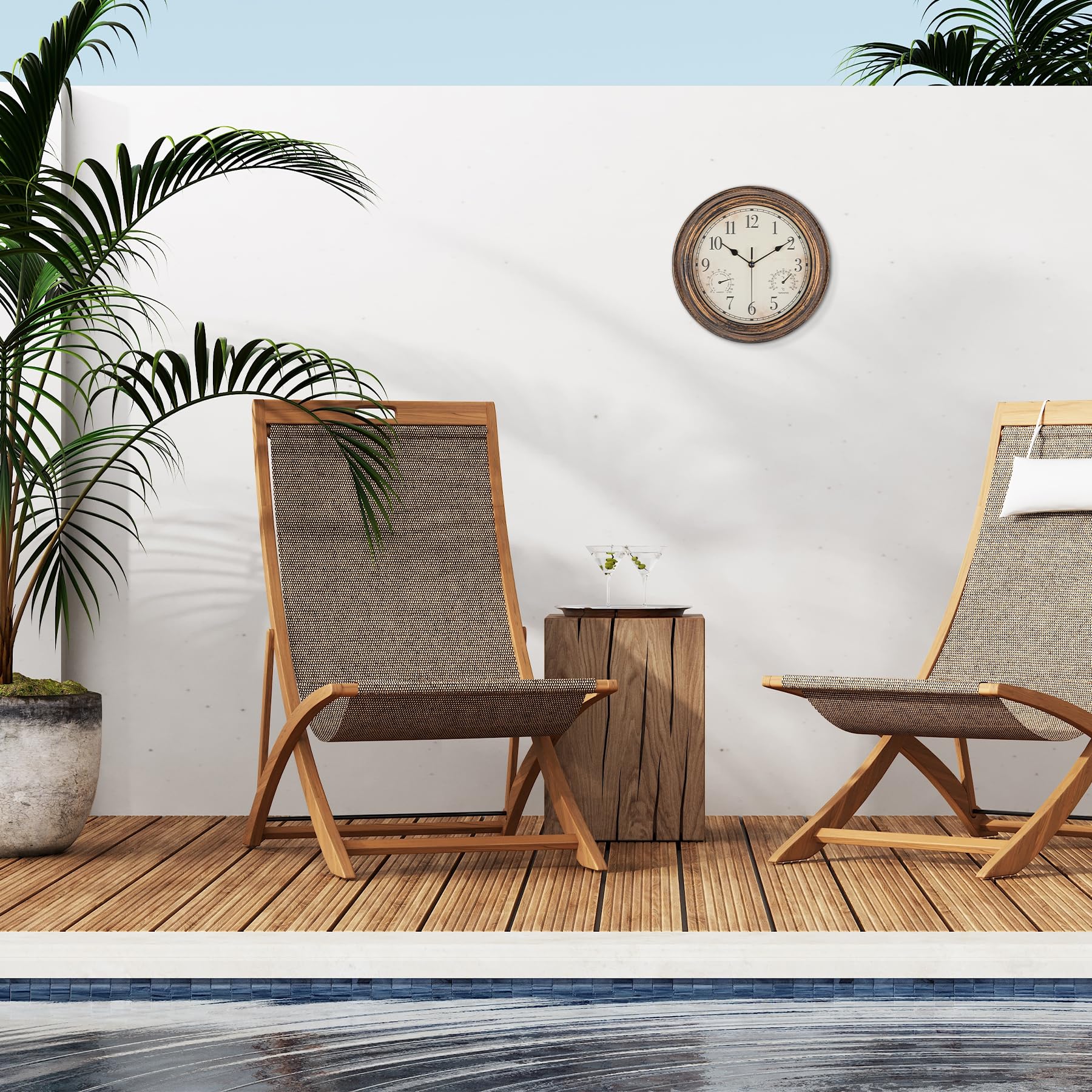 Horloge murale de jardin - Étanche - Vintage - Avec thermomètre et humidité - 30 cm - Sans tic-tac - Résistante aux intempéries - Pour terrasse, piscine, porche, jardin, salle de bain