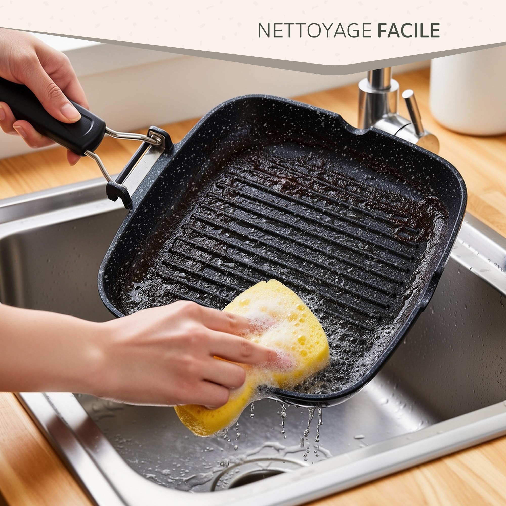 Briebe Black Titanium Grill à rayures, induction, antiadhésif titane, poêle à frire en fonte d'aluminium sans PFOA, manche pliable, vitrocéramique, gaz, 20 x 20 cm
