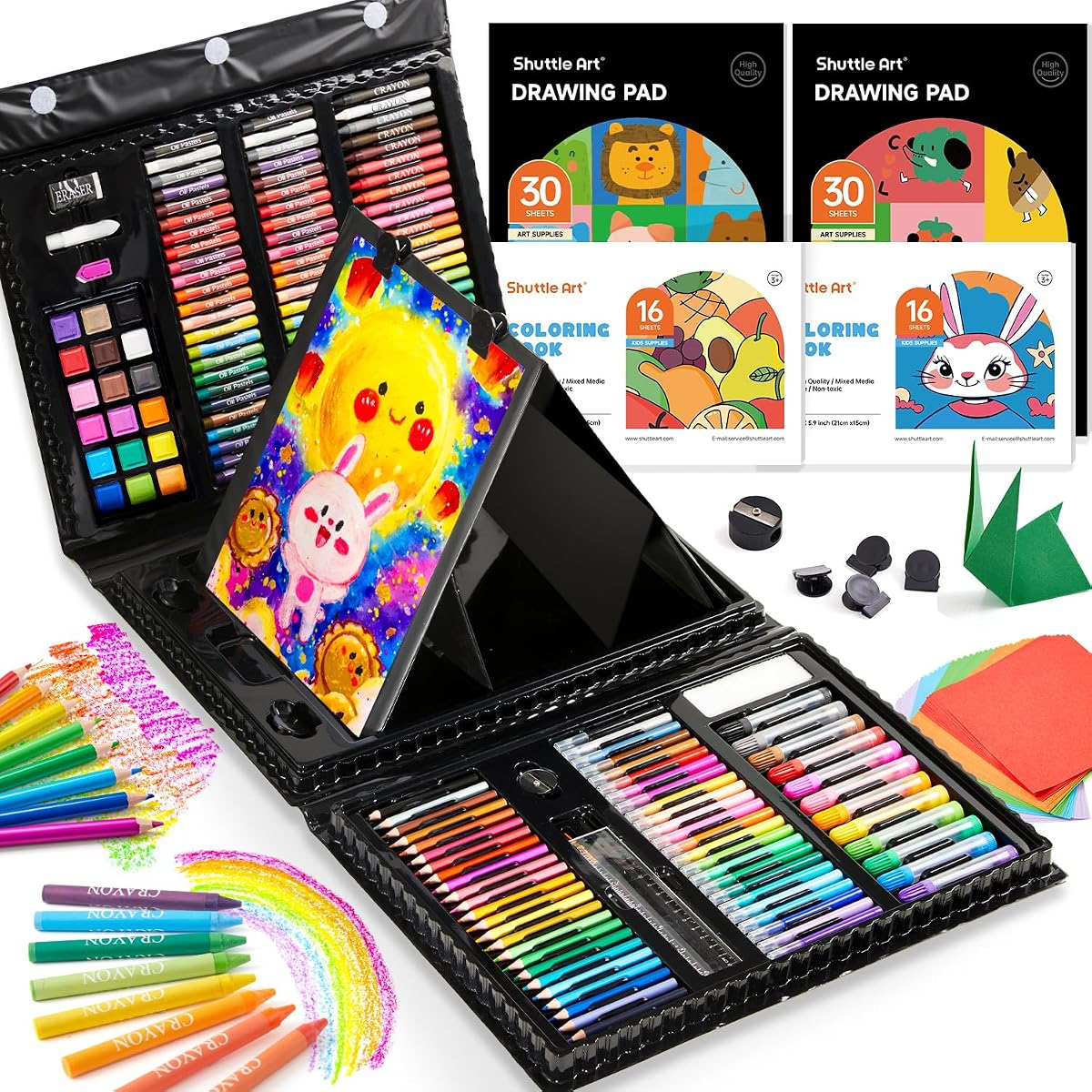 Shuttle Art 335 Piece Kids Art Set, Multi-Media Art Supplies, Gift Art Kit with Trifold Easel, 2 Drawing Pads, 2 Coloring Books, Oil Pastels, Crayons, Watercolors, Markers, Colored Pencils (Black)