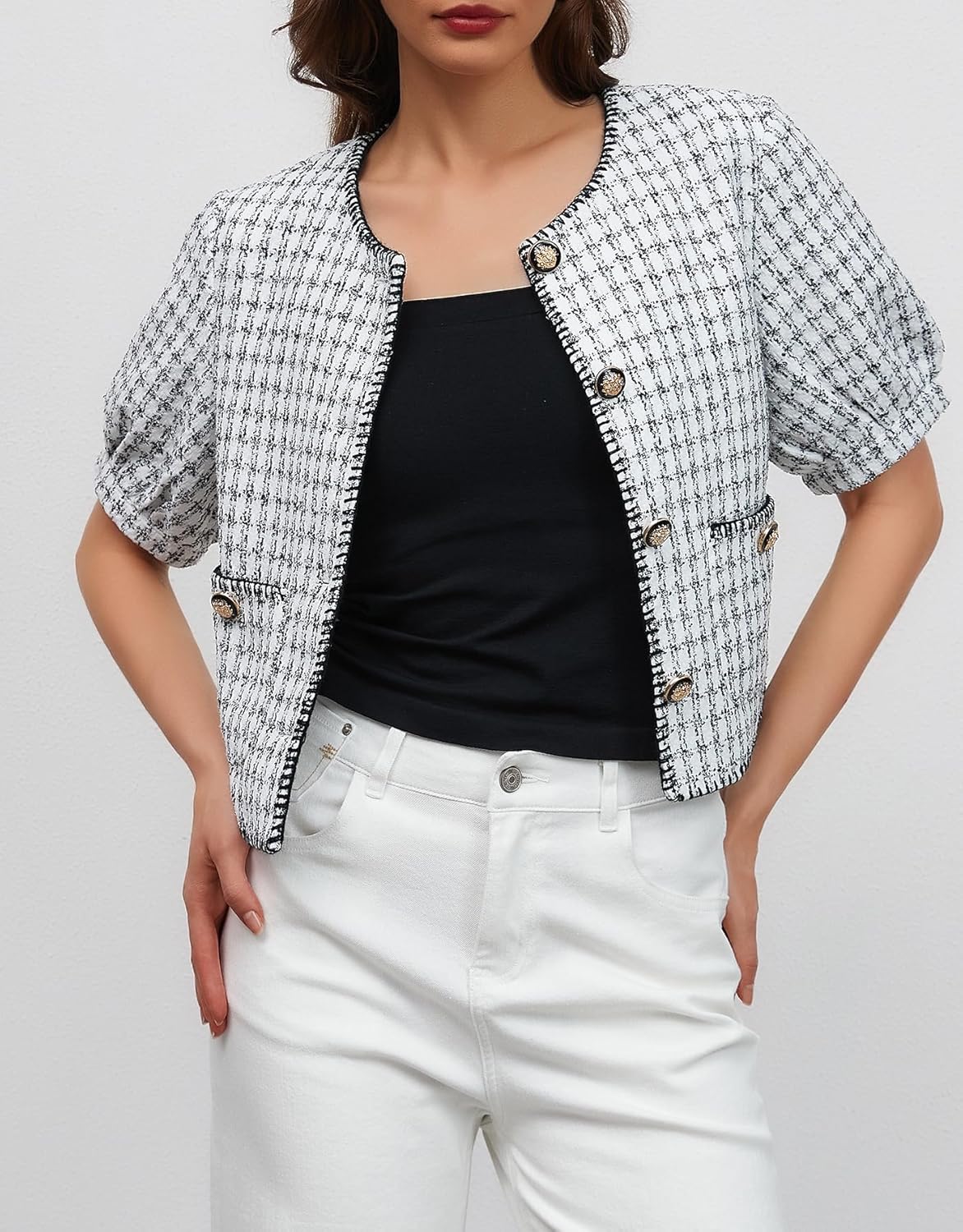 Ladyful Summer Cropped Tweed Jacket for Women Puff Short Sleeve Lightweight Tweed Blazer Button Down Work Cardigan Coat - Image 3