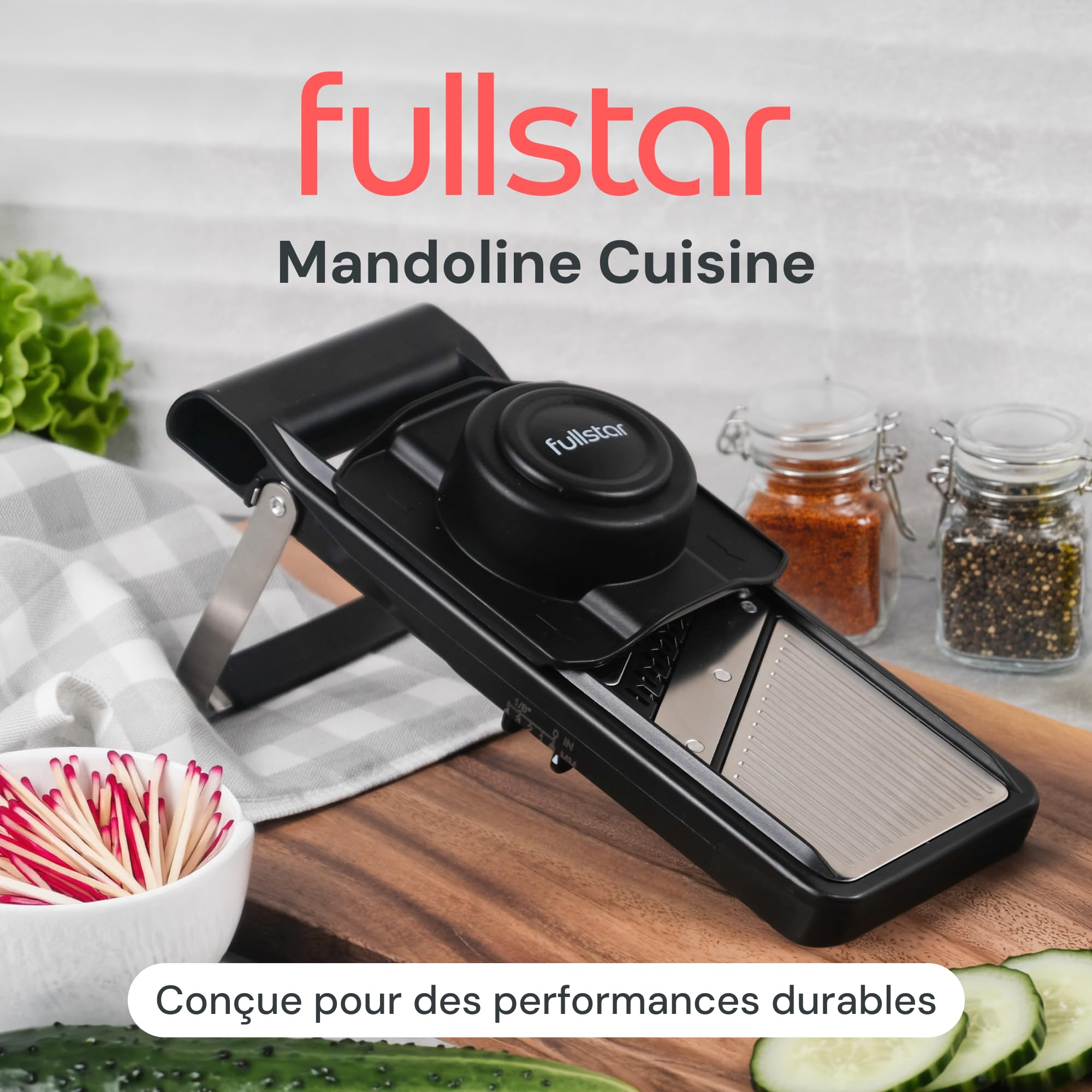 Fullstar Mandoline Cuisine Inox 2-en-1 - Épaisseur Réglable 1-4 mm - Mandoline Multifonctions avec Lame Julienne pour Pommes de Terre, Fruits, Légumes & Fromage - Mandoline Cuisine Professionnelle