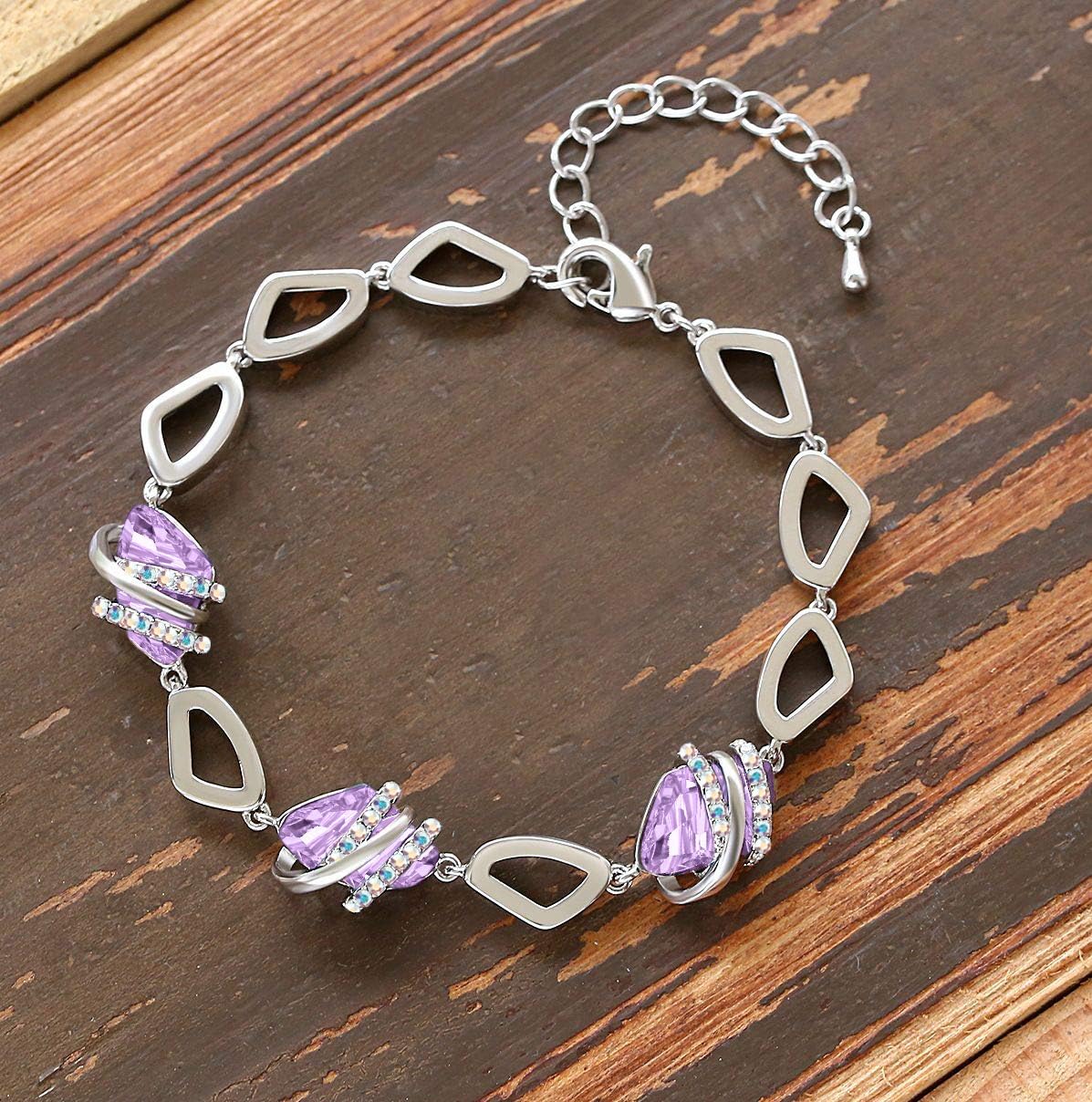 Leafael Wish Stone Necklace, Stud Earrings, and Bracelet Jewelry Set for Women, June Birthstone Alexandrite Light Purple Crystal Jewelry, Silver Tone Gifts for Women