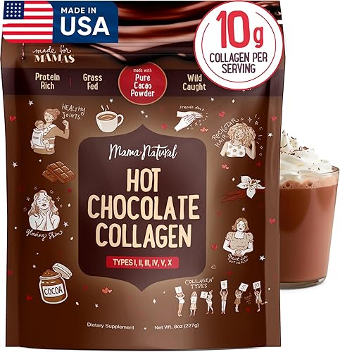 Mama Natural Polvo de proteína de colágeno múltiple de chocolate caliente, hecho con cacao orgánico, tipos 1, 2, 3, 4, 5, 10 péptidos de colágeno en
