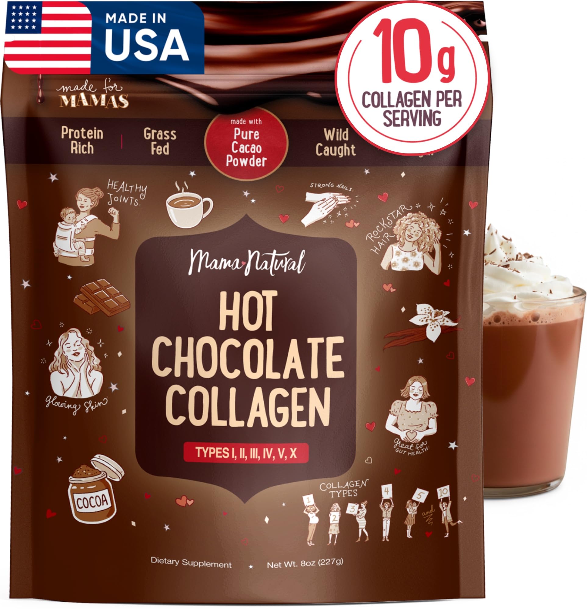 Mama Natural Hot Chocolate Multi Collagen Protein Powder, Made with Organic Cacao, Types 1, 2, 3, 4, 5, 10 Collagen Peptides Powder - Grass Fed Beef, Wild Fish Marine & USA Eggshell - 16 Servings Hot Chocolate 8 Ounce (Pack of 1)