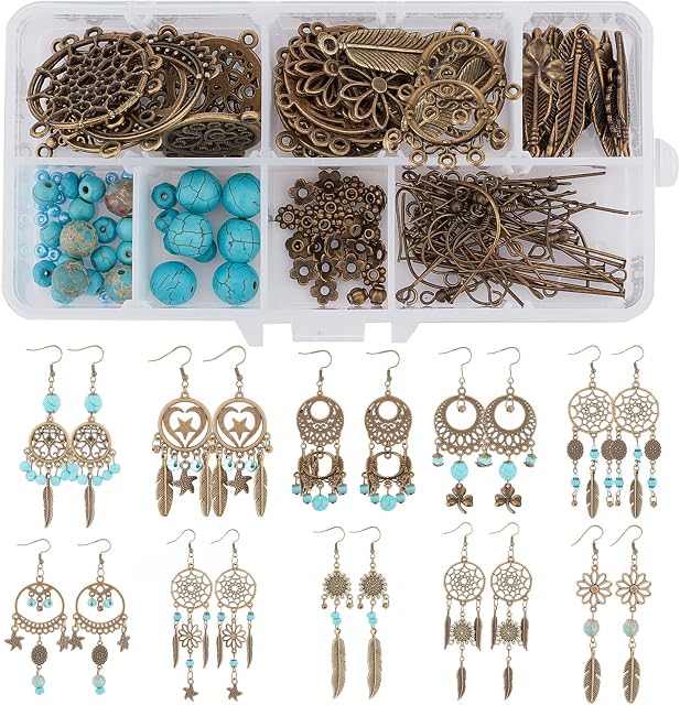 SUNNYCLUE 1 Box Make 10 Pairs Bohemian Feather Dream Catcher Woven Net Earring Making Starter Kit with Turquoise Beads Alloy Spacer Bead Jewellery Accessories for Women DIY Earring Making