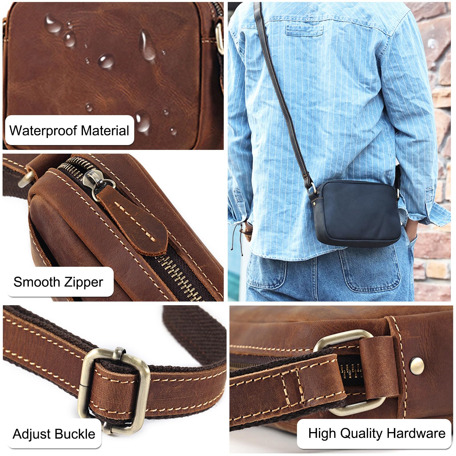 FANDARE Umhängetasche Leder Herren Herrentasche Damen Schultertasche Echtes Leder Handgelenktasche Arzttasche Schultertasche Crossbody Bag Arbeitstasche Messenger Bags Geschenk für Männer Schwarz