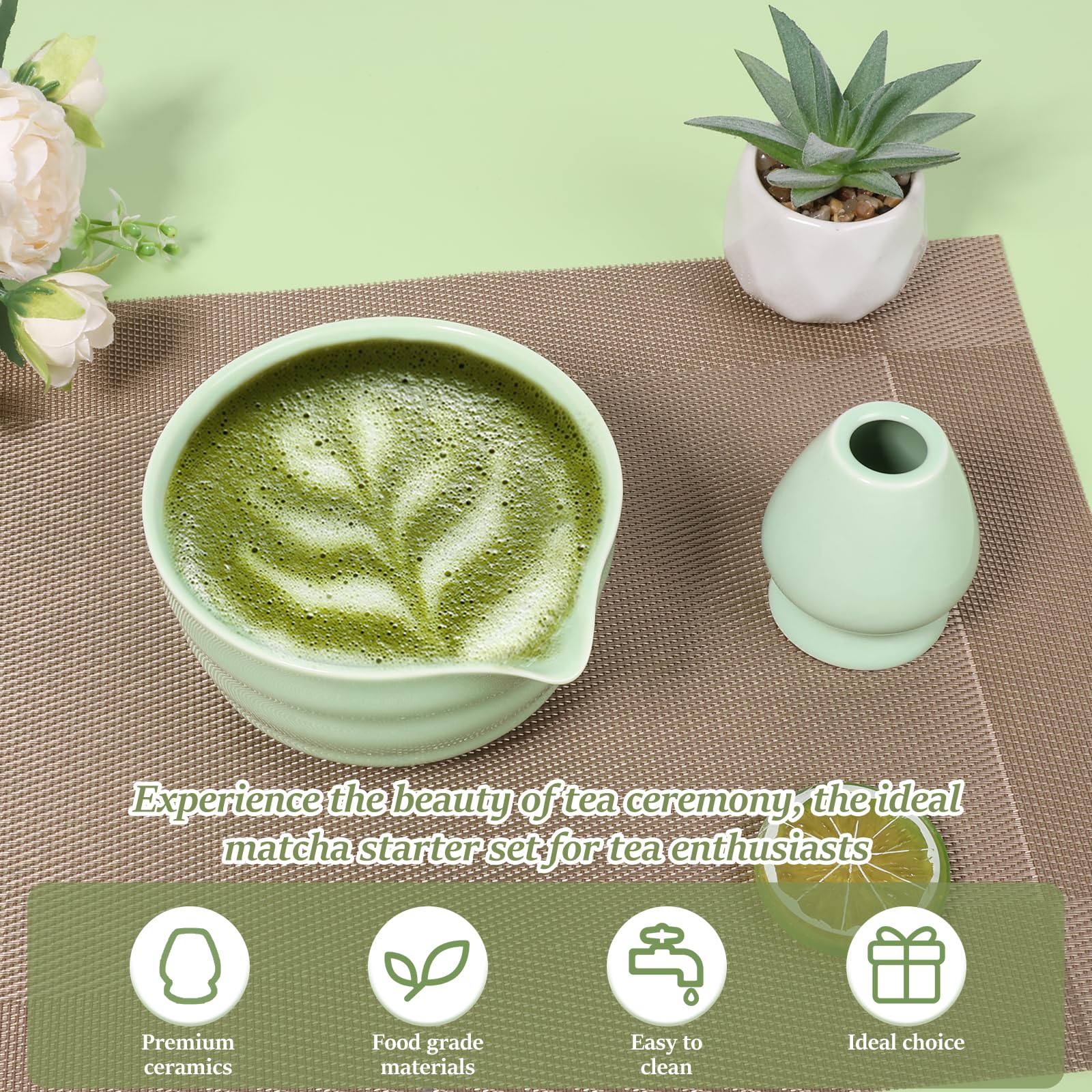 japońska miska do matchy z ceramiki z uchwytem, Chawan, 500 ml, łatwa dostawa do trzepaczki, dla początkujących, miłośników DIY (zielona)