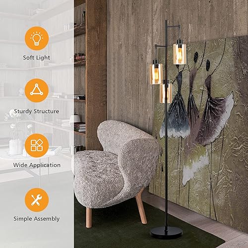 Miniatura 6 de Tangkula Lámpara de pie retro con pantalla de cristal ámbar colgante de 3 cabezales, interruptor de pie, base de metal, industrial para sala de