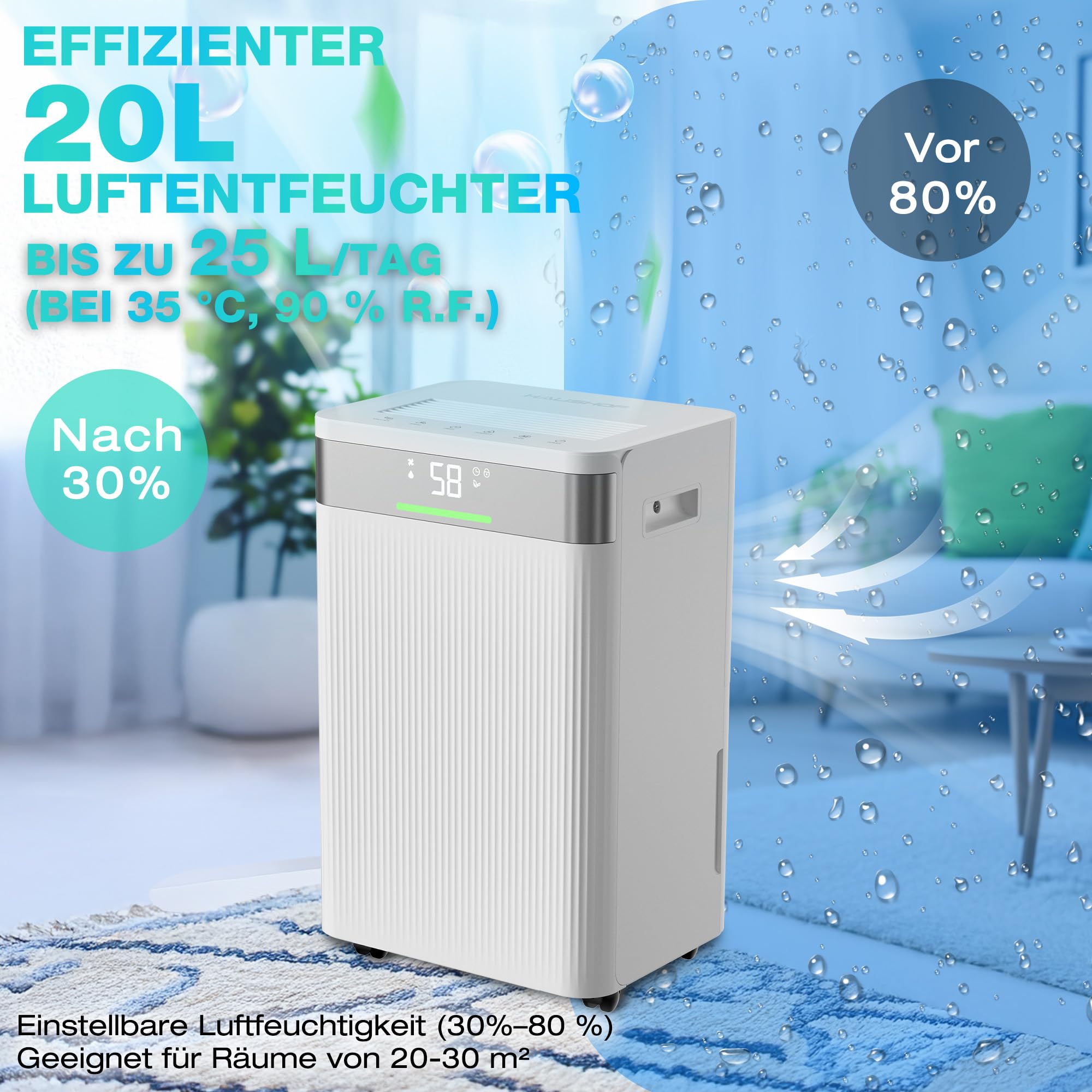 HAUSHOF Luftentfeuchter Elektrisch 20L/Tag, 41dB Leiser Entfeuchter Elektrisch mit Negativ-Ionen für 30m² Raum mit 4,5 L Tank und LED Anzeige, 3 Modi Tragbarer Raumentfeuchter für Schlafzimmer, Keller