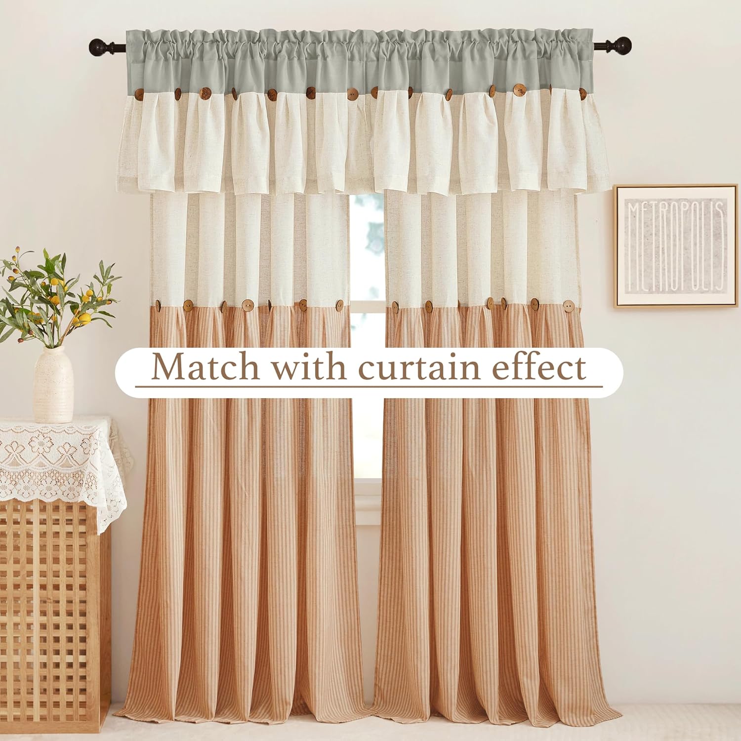 NICETOWN Kitchen Curtains for Small Window, 2 Panels Farmhouse Style Linen Semi-Sheer Light Filtering Valances for Living Room 18 inch Length with Buttons Decor, 55" W x 18" L, Light Grey