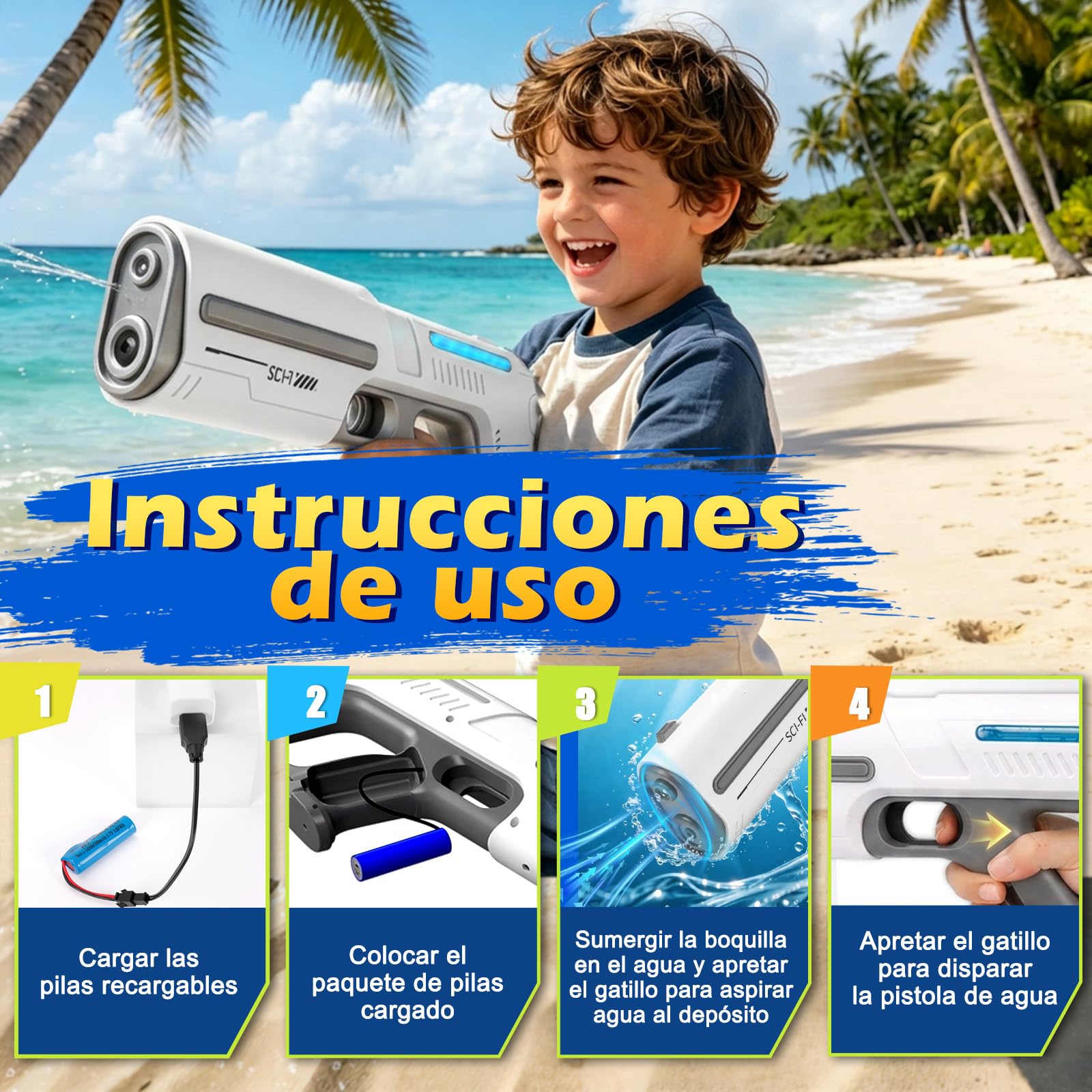 Pistola de Agua Electrica de Alta Potencia, Pistola de Agua Automática Recargable con Luces LED, Gafas Protectoras y Función de Llenado Automático para La Playa en Verano (Blanco)