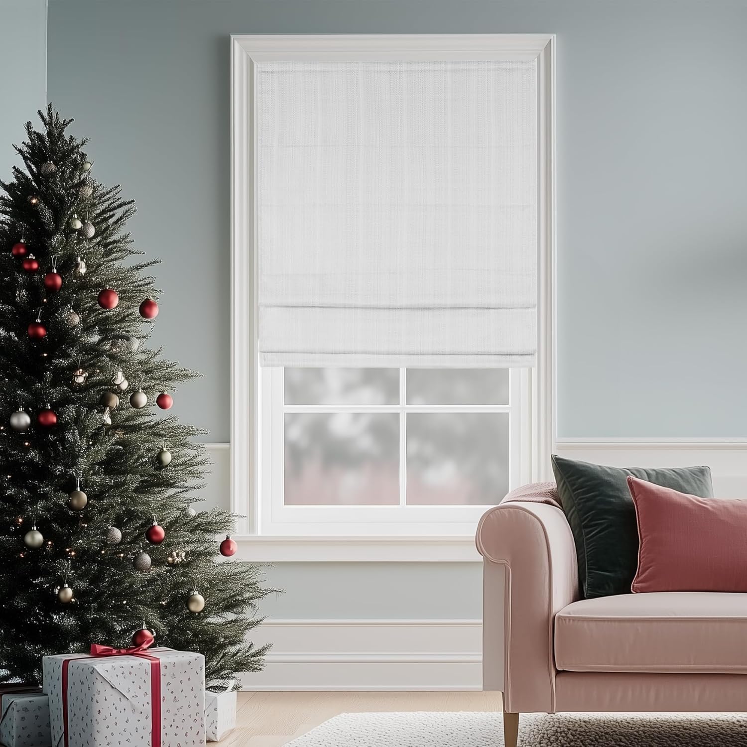 Madison Park Galen Cordless Roman Shade, 29"W x 64"H, Sheen White – Room Darkening, Thermal Insulated, Energy Efficient Window Blind with Subtle Sheen Basketweave Fabric for Privacy Room Darkening Basketweave Sheen White 29"W x 64"H