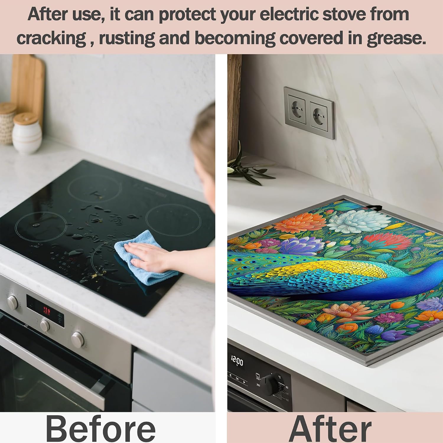 Peacock Stove Top Cover for Electric Stove,Heat Resistant Glass Cooktop Cover, Stovetop Protector, Dish Drying Mats Cover for Ceramic Washer Top 28x20 inch