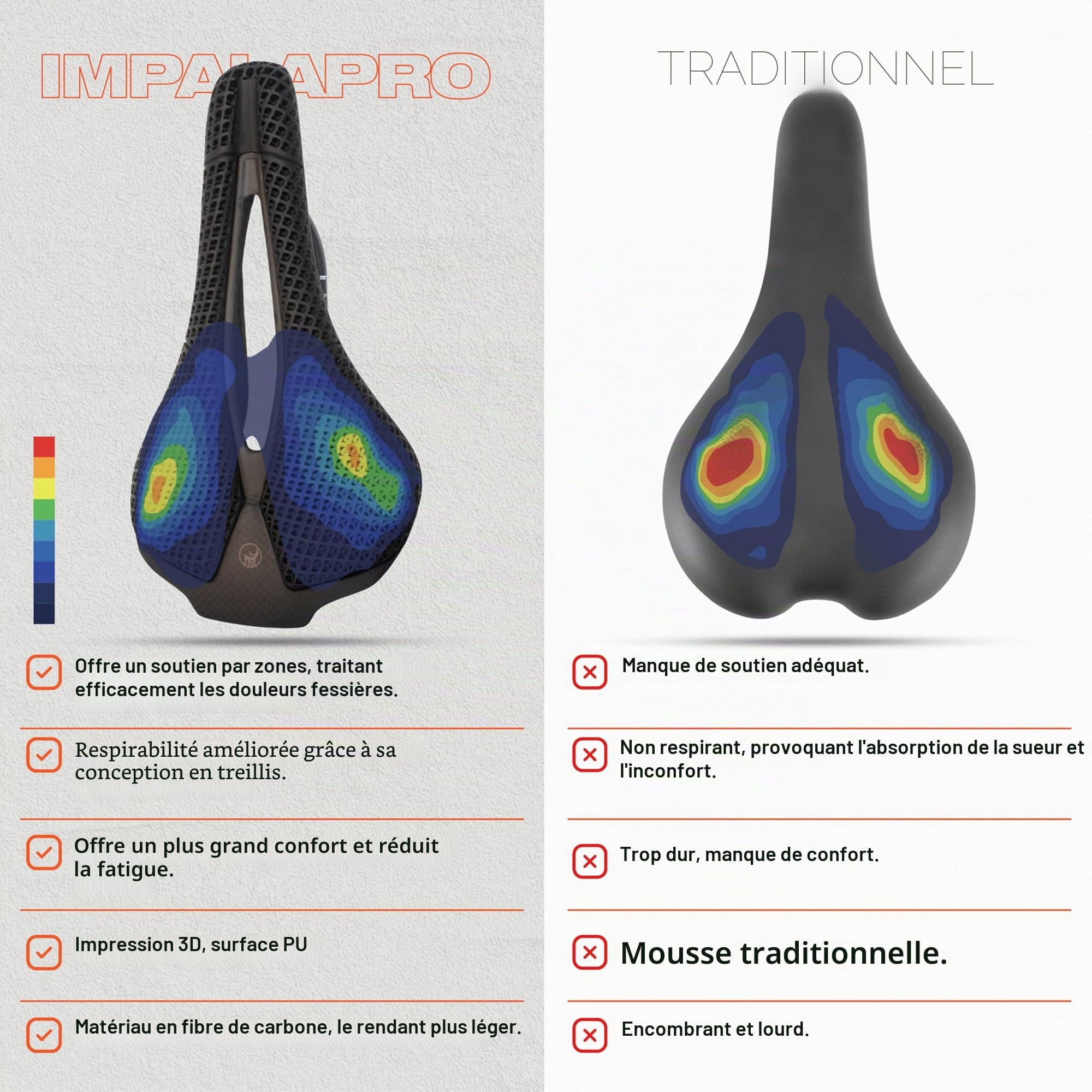 IMPALAPRO Selle Carbone Imprimée 3D Ultraléger 250x140mm — Selle 3D Carbone Haute Fermeté — Selle Vélo en Carbone T800 Ergonomique Respirante — Rails Ovales 7x9mm