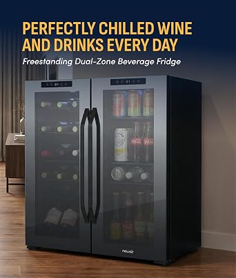 NewAir 27 Dual Zone Beverage Refrigerator & Wine Cooler for 18 Bottles & 59 Cans | Freestanding or Built-In Under Counter Mini Fridge for Beer, Wine and Soda | Black