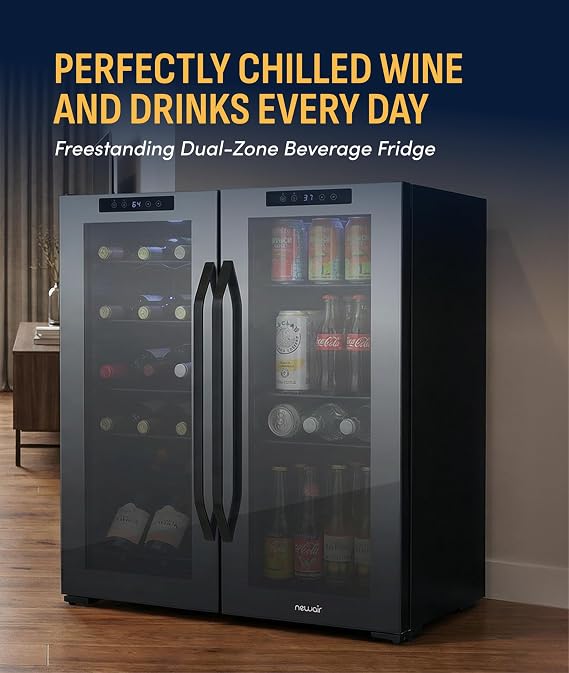NewAir 27 Dual Zone Beverage Refrigerator & Wine Cooler for 18 Bottles & 59 Cans | Freestanding or Built-In Under Counter Mini Fridge for Beer, Wine and Soda | Black