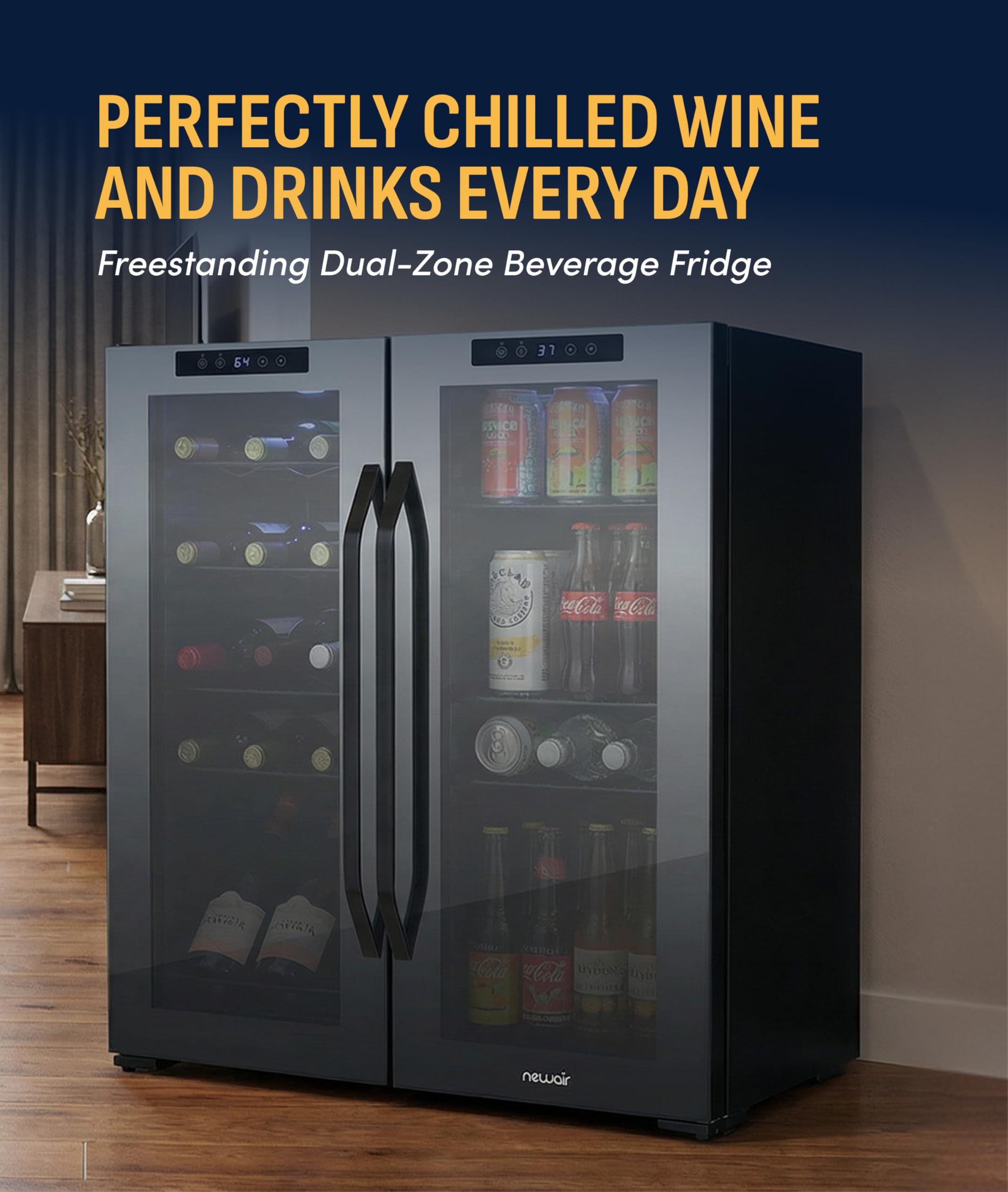 NewAir 27" Dual Zone Beverage Refrigerator & Wine Cooler For 18 Bottles & 59 Cans | Freestanding Or Built-In Under Counter Mini Fridge For Beer, Wine And Soda | Black on Fridge.com - View 3