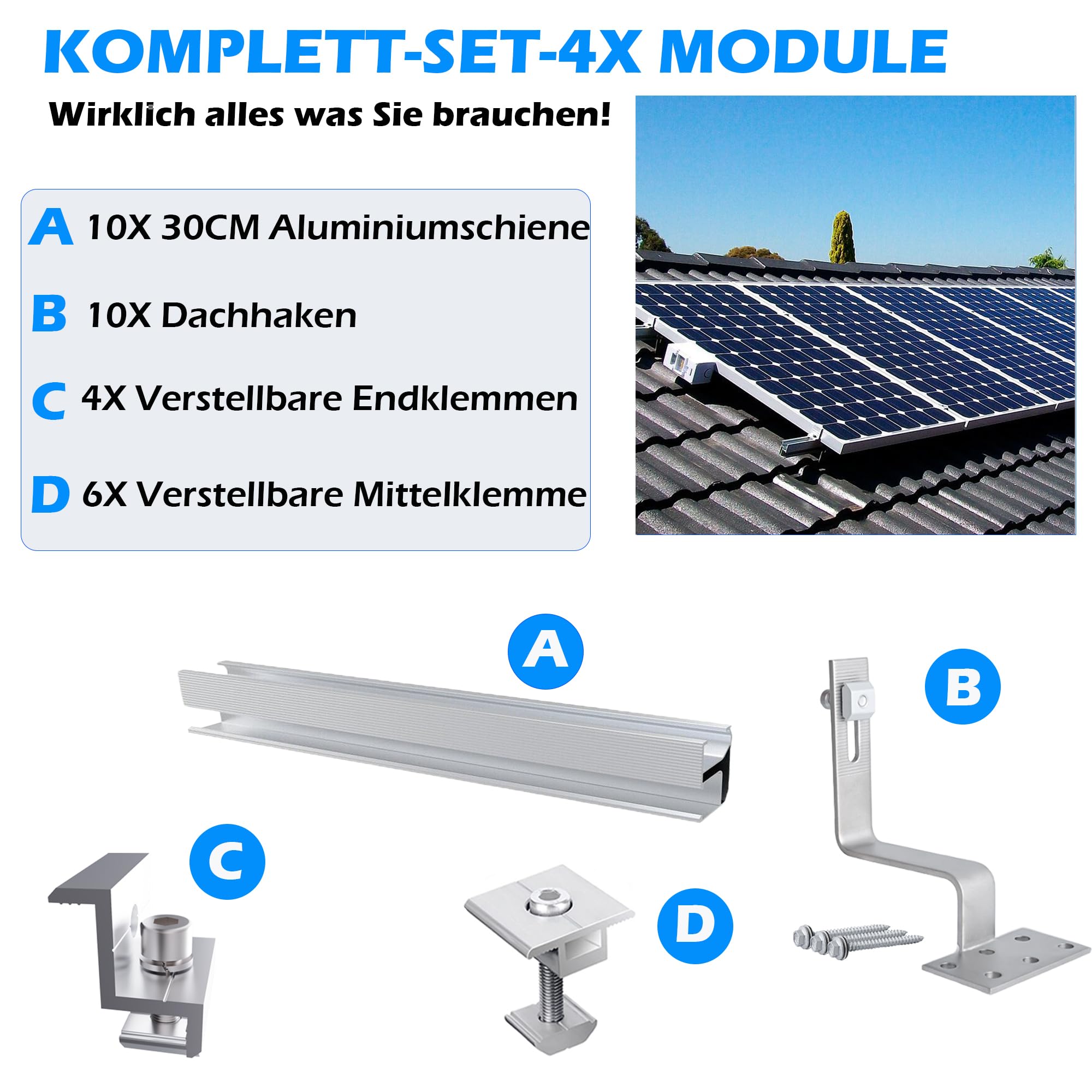 Warmfay Juego de montaje solar para techo de ladrillo, riel de montaje fotovoltaico, gancho para techo para 4 módulos, panel solar aplicable, paneles solares de grosor 30-35 mm