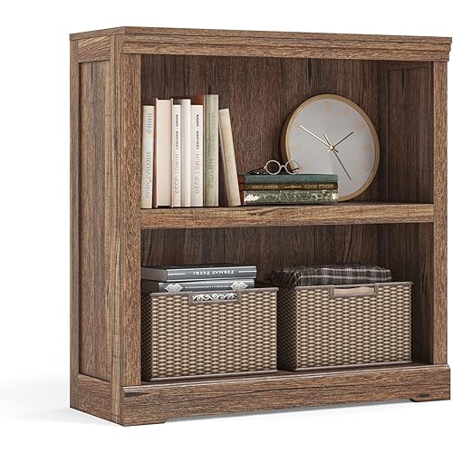 LINSY HOME 2-Tier Bookcase Display Storage Shelves Farmhouse Bookshelf for Home Office, Living Room, Bed Room - Dark Brown