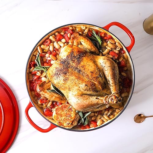 Miniatura 5 de EDGING CASTING Horno holandés de hierro fundido esmaltado con cazuela poco profunda con mango doble, 3.8 cuartos de galón, rojo