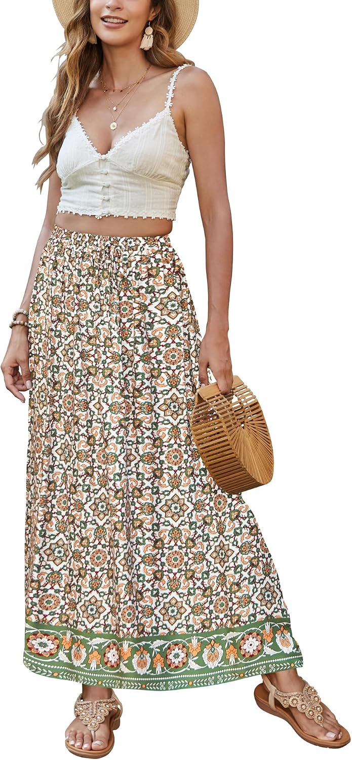 Bluetime Women Floral Print Long Skirt Boho Summer Pleated Elastic High Waisted Casual Maxi Skirt
