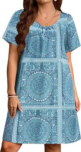 Bulotus Plus Size Summer Dresses Womens Loose Flowy Fit Pockets Sundress | Ruched Short Sleeve, Round Neck, Two Hiden Pockets, Breathable, Beach Cover, Vacation, Hawaiian Boho Midi Outfits