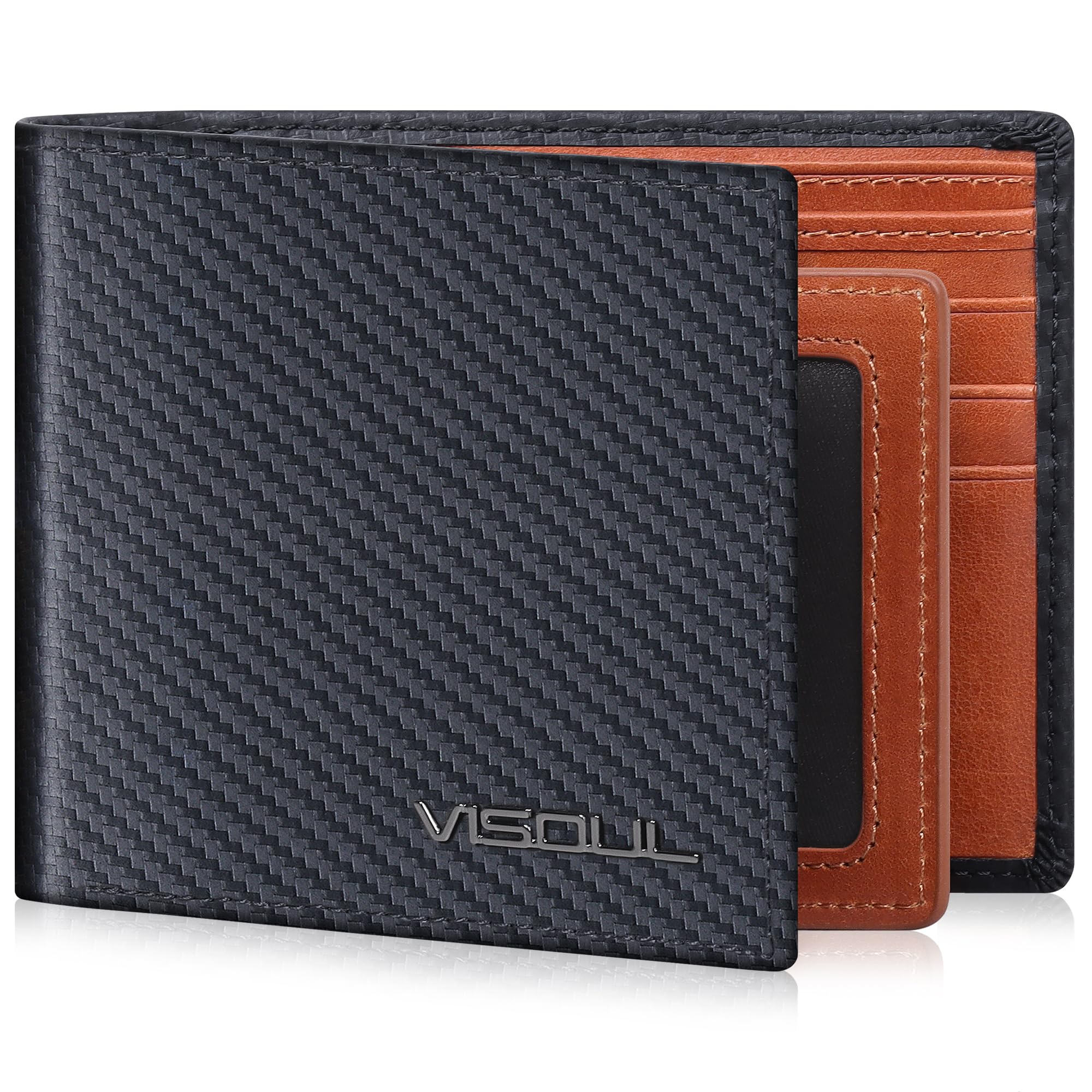 Mens Bifold Wallet with 2 ID Windows Carbon Fiber Leather, RFID Blocking Wallet with 2 Money Compartments, Stylish Two-tone Back Pocket Wallet for Men (Black+Orange)