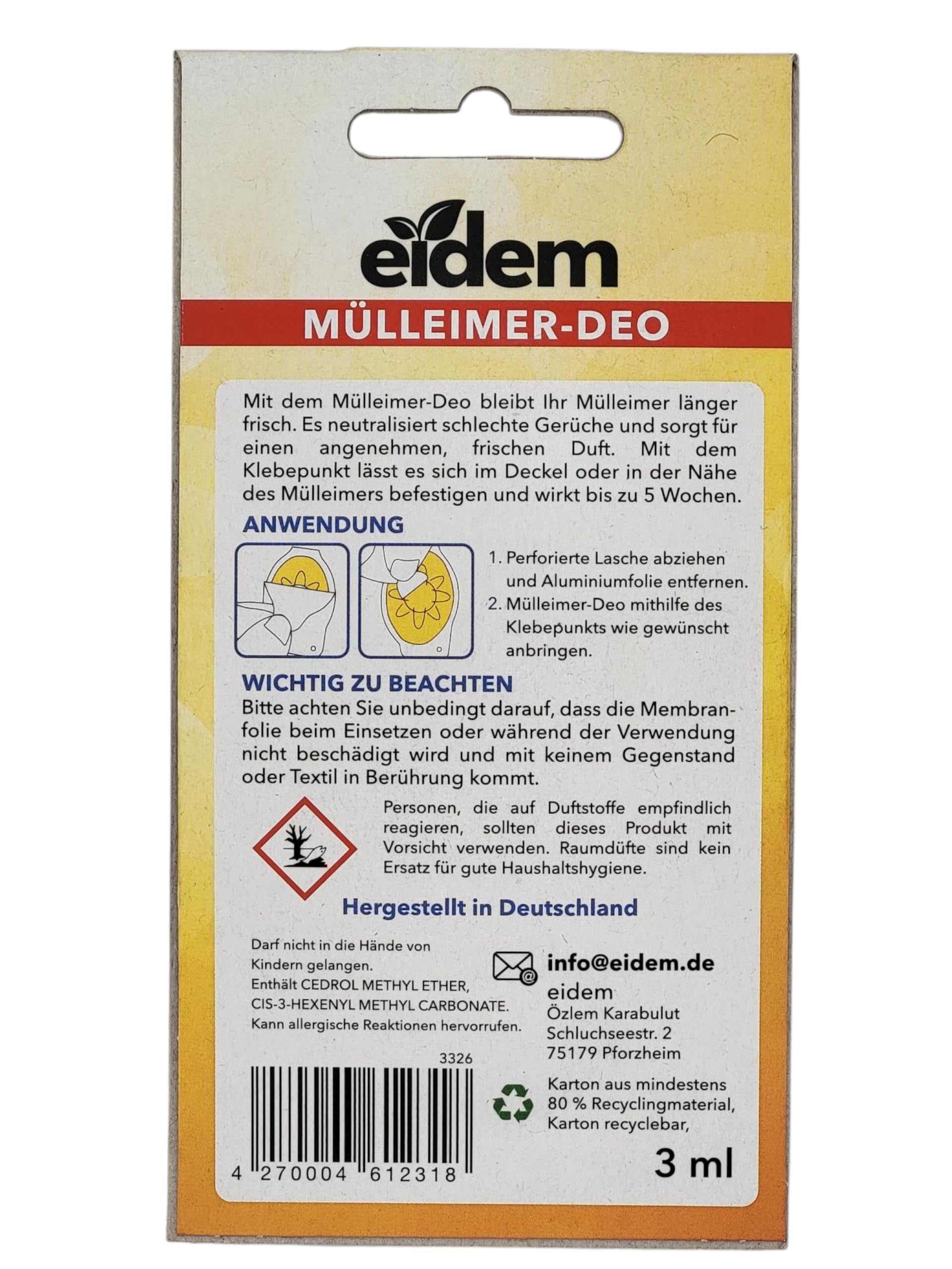 eidem Cubo de basura desodorante 2 en 1, aroma cítrico, neutraliza los olores y proporciona una frescura duradera hasta 5 semanas, fácil de instalar