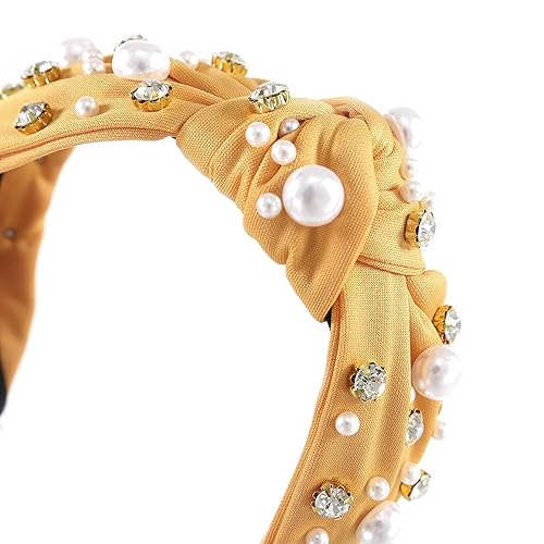 Miniatura 4 de Gmmidea Diadema con perlas anudadas para mujer, con diamantes de imitación brillantes, diadema con nudo ancho, adorno de cristal, accesorios para el