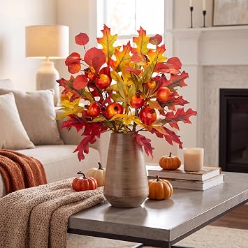 Briful 2-Pack 19-Inch Artificial Fall Stems with Pomegranates | Mixed Maple Oak and Eucalyptus Leaves Bendable Branches for Thanksgiving Vase Arrangements Centerpieces Mantels Decor