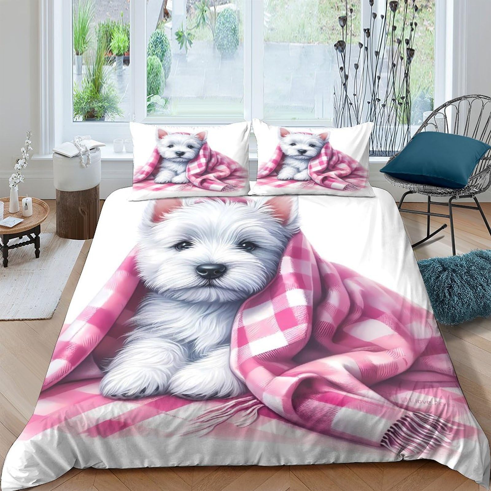 Ctjqhvkz Style-3 3D Printed White Puppy Fitted Sheet Microfiber Pink Plaid Blanket Bed Cover For Bedroom Dorm Mattress Protection Decor Single（135X200cm）