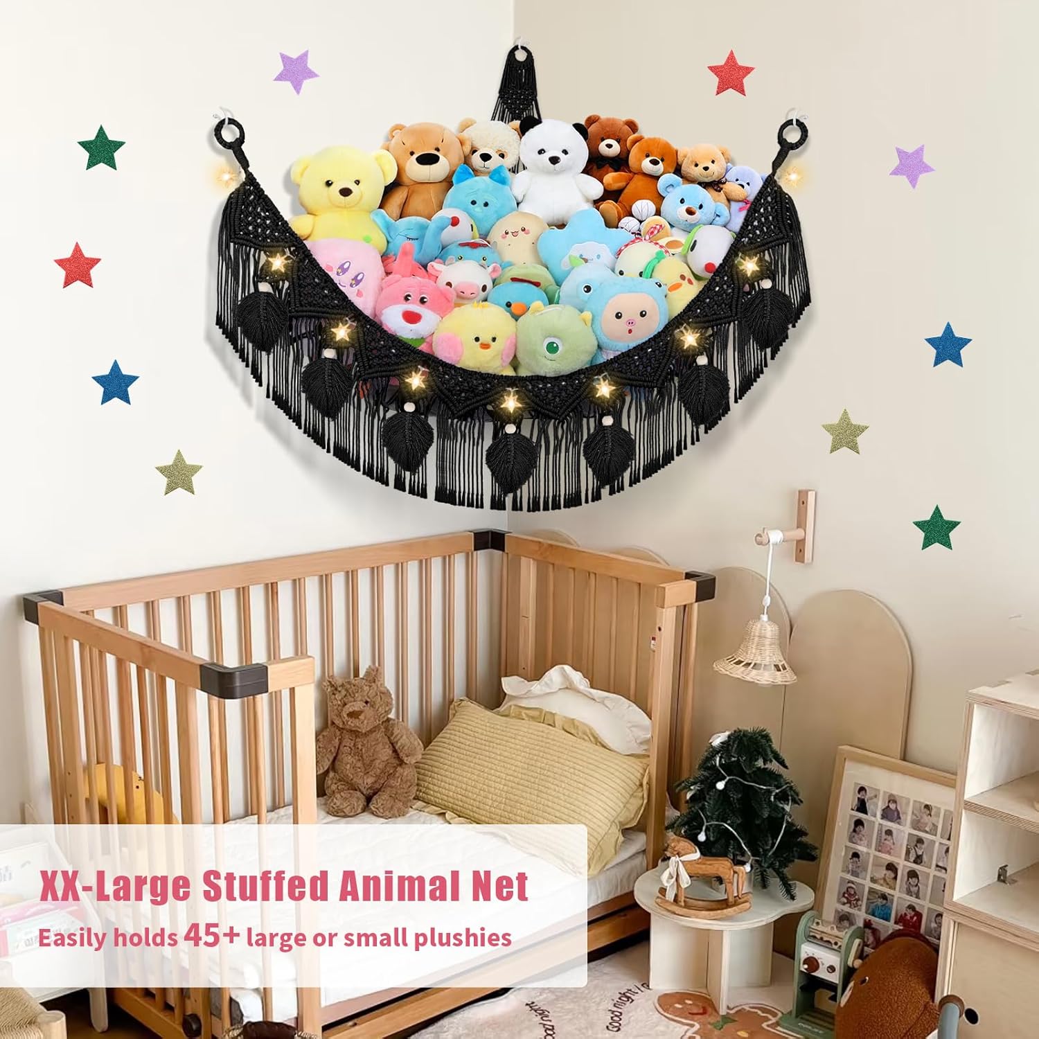 Stuffed Animal Storage Hammock Corner, 56'' Jumbo Boho Macrame Leaf Hanging Stuff Animal Holder for Teddy Plushie, Black Stuffed Animal Net Toy Storage w/Star Lights for Baby Girl Boy Gift Black XX-Large Leaf Style