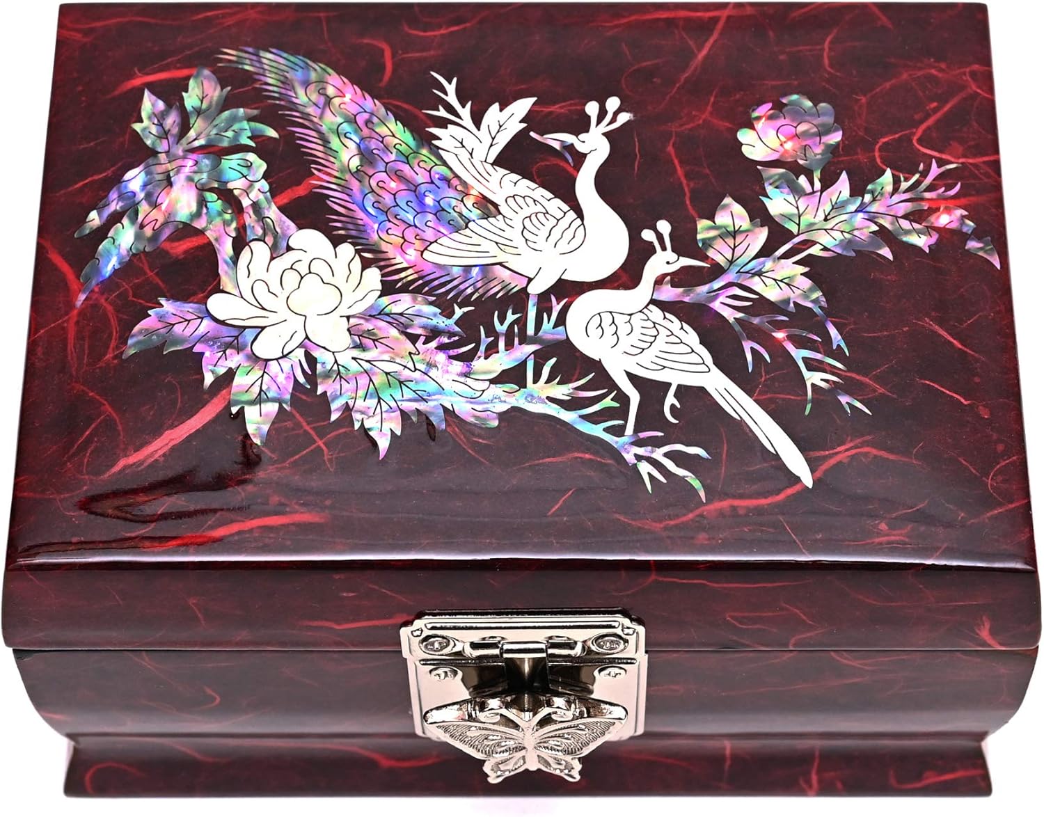 MADDesign Mother of Pearl Lacquered Jewelry Music Ring Box Peacock Red