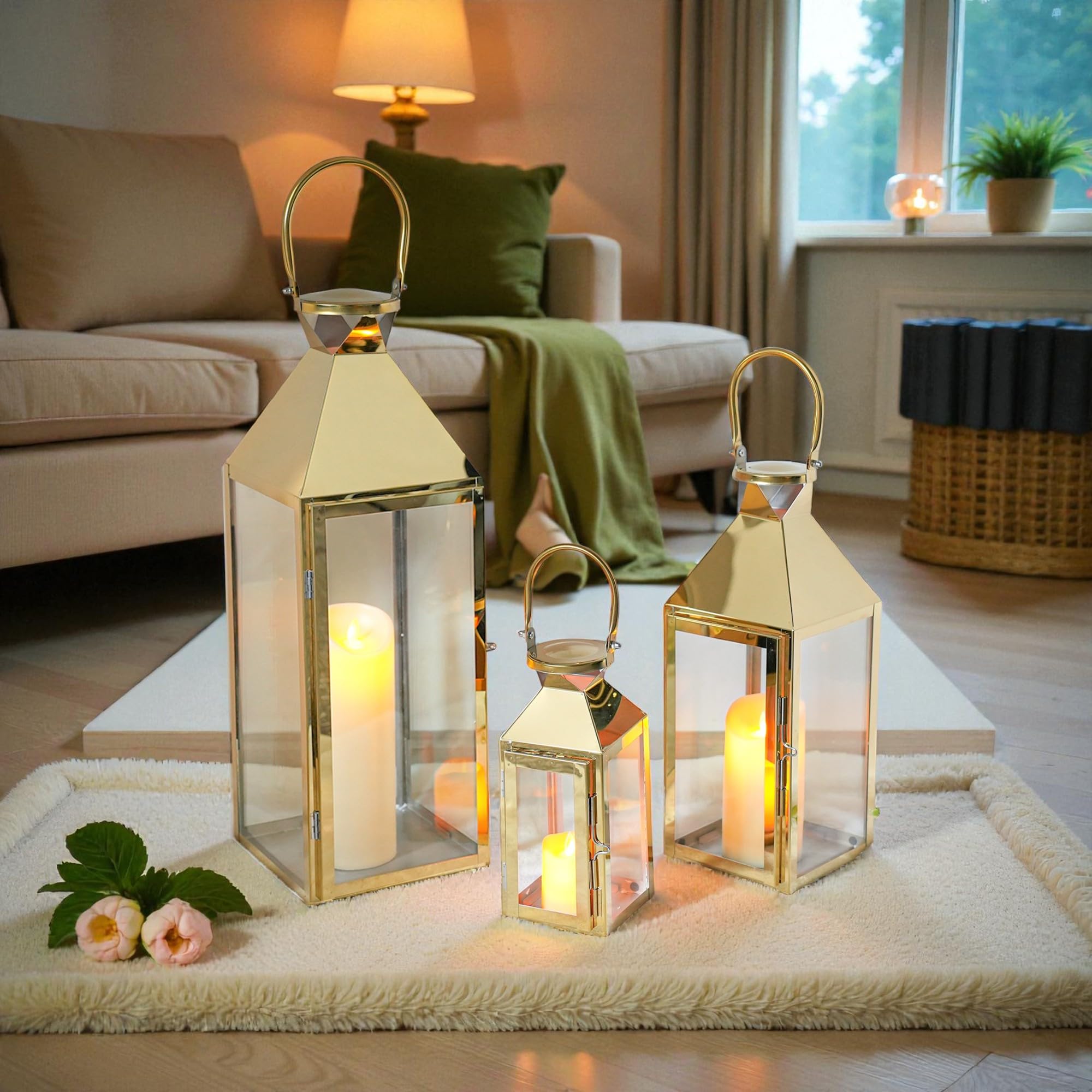 M*u様 REI Candle Lantern ゴールド Set of 3 Stainless Steel Candle Lanterns 10/15.5/21.5''H
