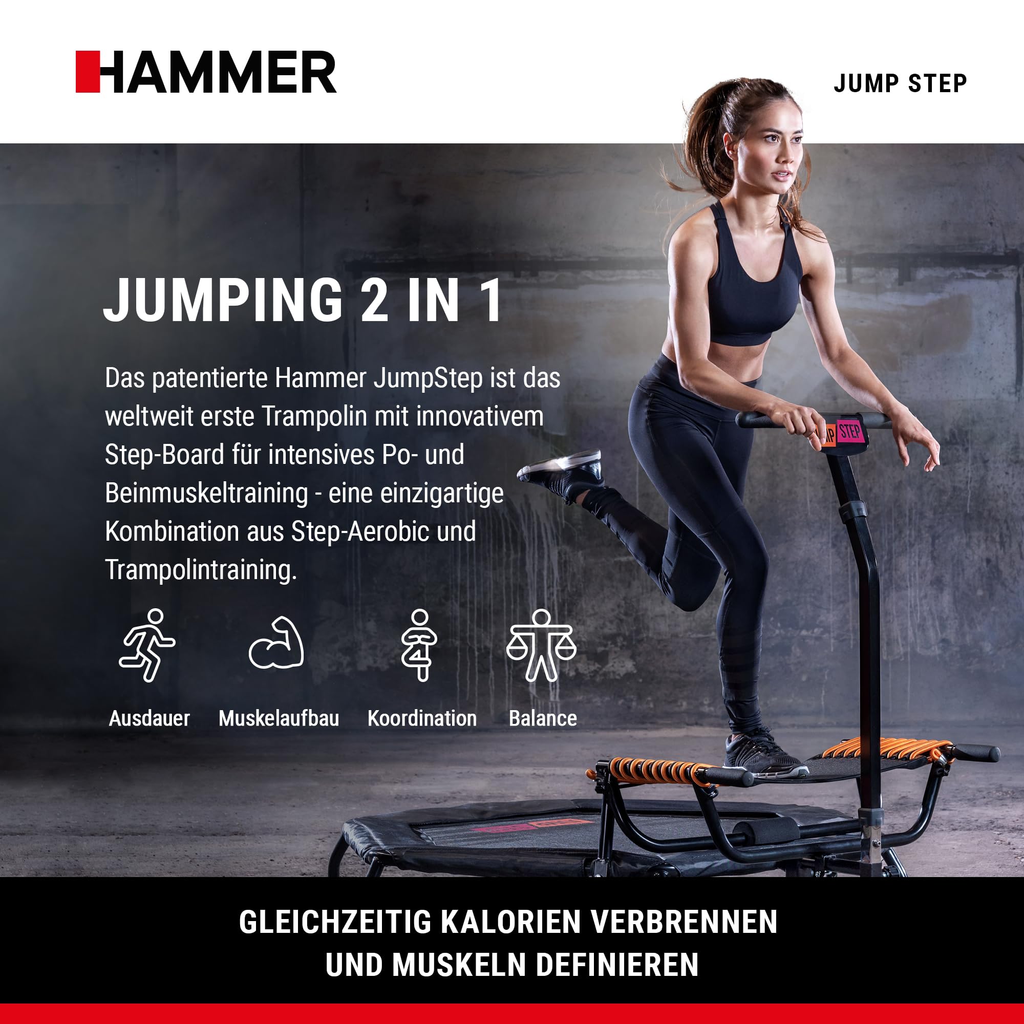 HAMMER Fitness-Trampolin JumpStep, Flexibles & gelenkschonendes Step-Board, aufstellbar, intensives Po- und Beinmuskeltraining, patentierte Technik, mehrfach höhenverstellbarer Haltegriff