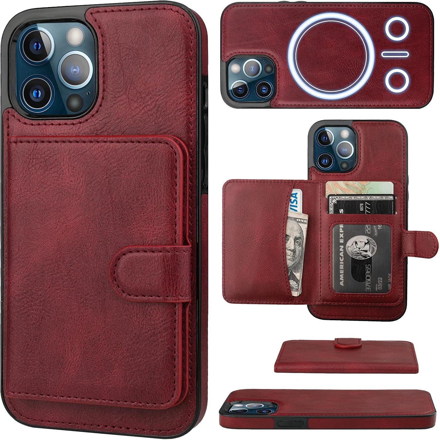 Bocasal Wallet Case for iPhone 12/12 Pro Compatible with MagSafe Magnetic RFID Blocking Detachable Premium PU Leather Flip Case with Card Slots Holder Kickstand Wireless Charging 6.1 Inch (Wine Red)