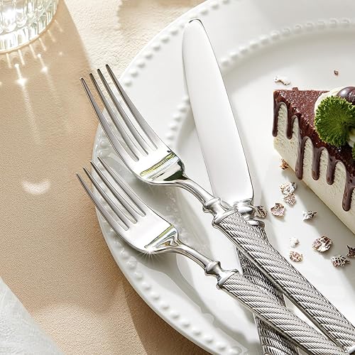 Miniatura 5 de KINGSTONE Juego de cubiertos retro con patrón de cuerda, juego de cubiertos de 20 piezas forjados con asas de textura hechas a mano, acero