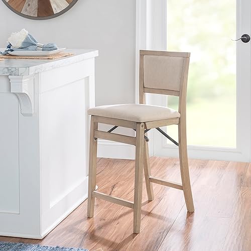 Miniatura 2 de Linon Keira Taburete plegable de madera rústica natural con asiento tapizado beige y respaldo