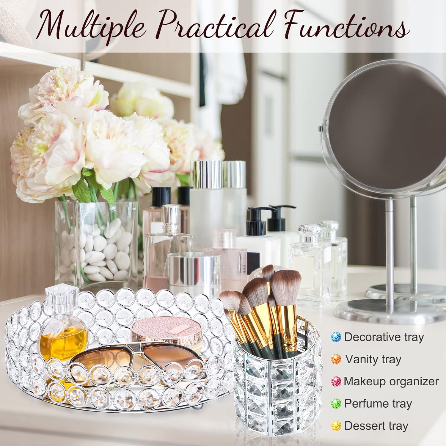 3 Pieces Perfume Tray Crystal Vanity Tray Mirrored Crystal Cosmetic Makeup Tray Set Makeup Brush Holder Bathroom Decorative Organizer Brush Cup Holder Vanity Accessories for Dresser, Silver (Round)