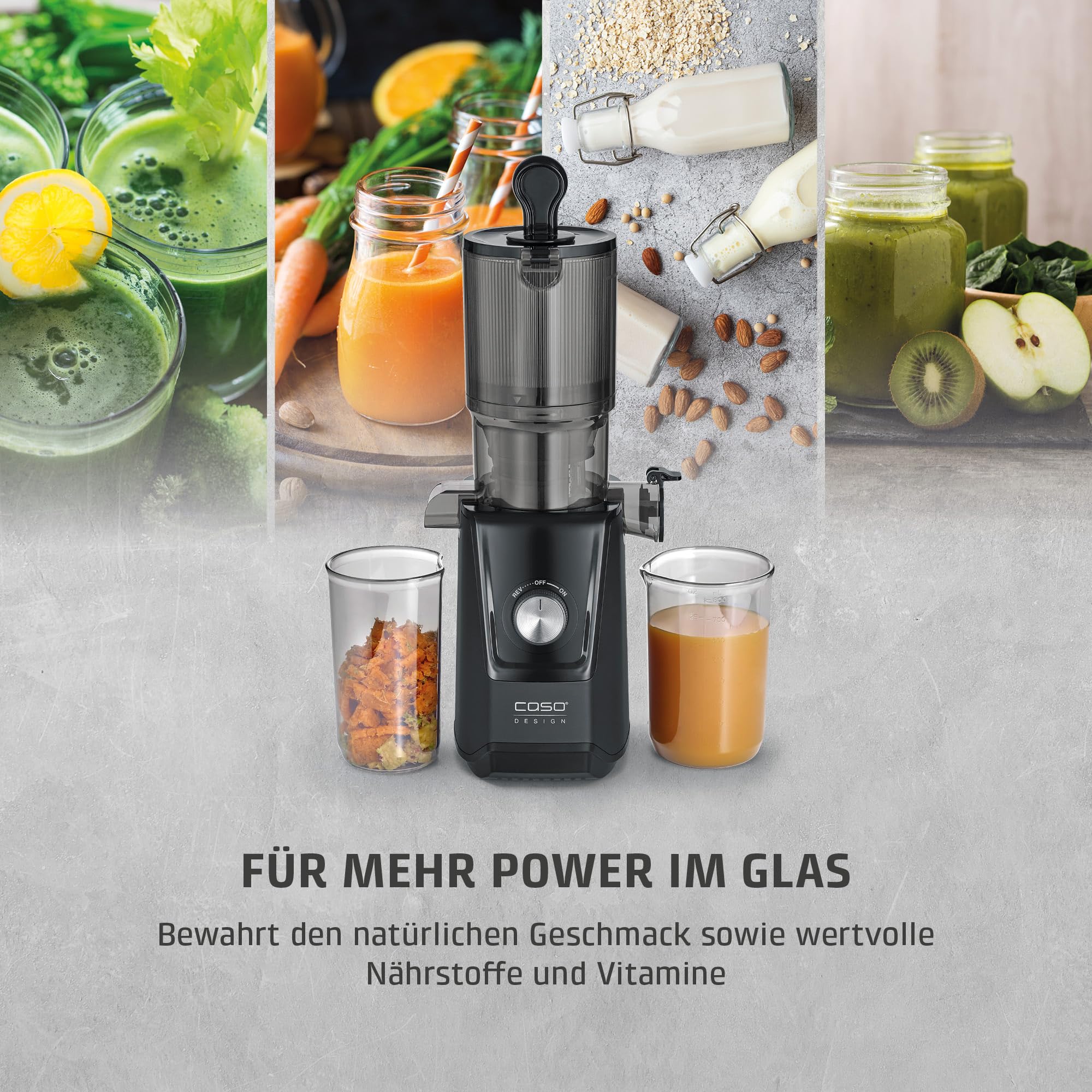 CASO Juice Fit - Slow Juicer, Sanftes und schonendes Entsaften dank niedriger Umdrehungszahl (40 U/min), Fill´n Juice, große Einfüllöffnung von 105mm Ø, Nährstoffe und Vitamine bleiben erhalten