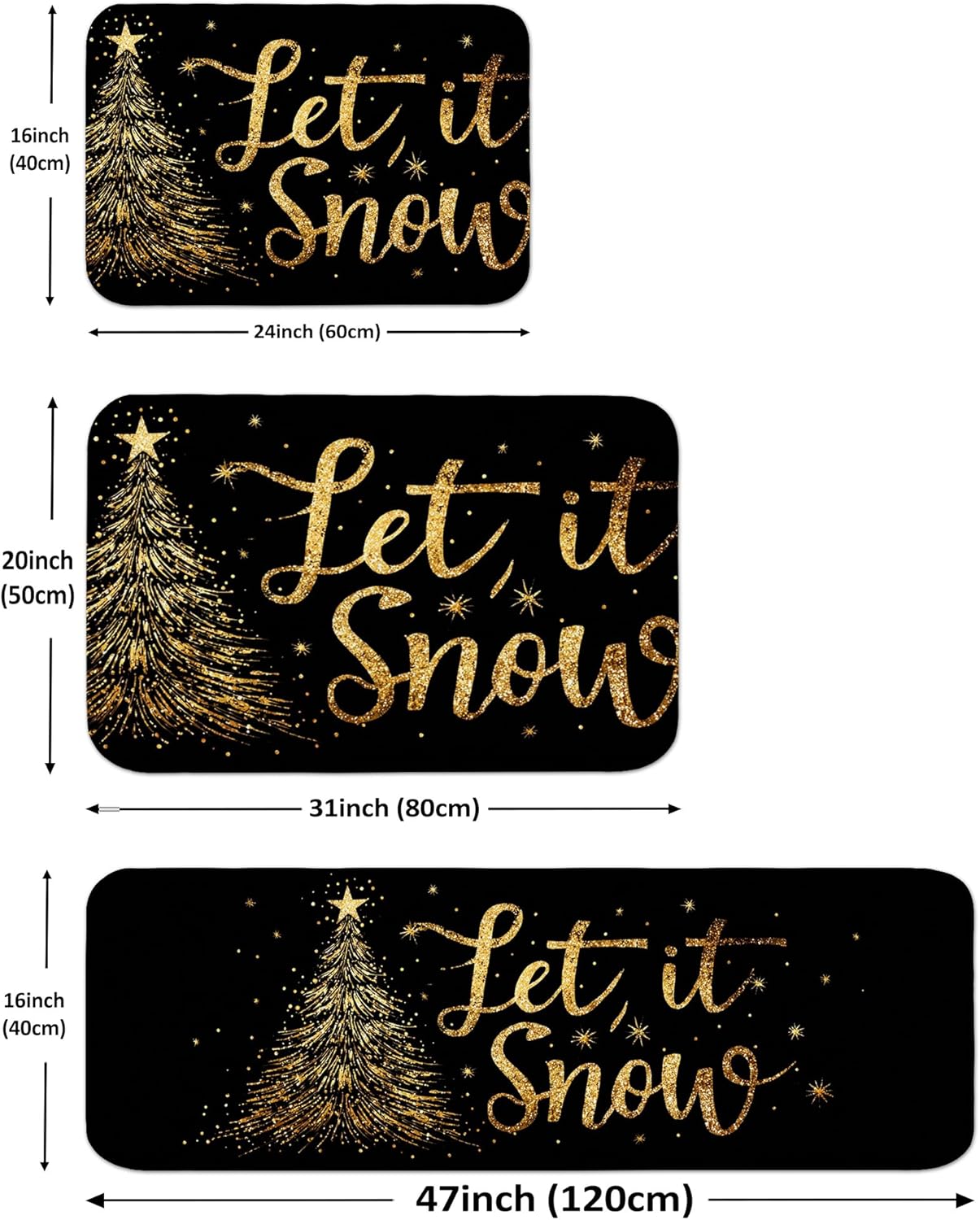 Christmas Kitchen Mats for Floor, Black Gold Tree Snow Cushioned Comfort Washable Non Slip Decor Rugs for Kitchen Sinks Laundryroom Bathroom 3pcs