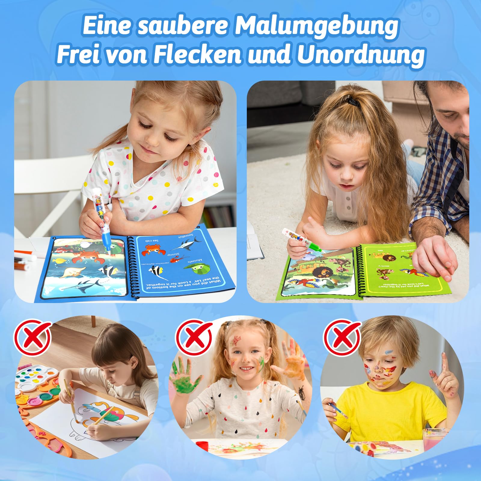 2 libri da colorare ad acqua con 2 penne ad acqua per bambini, riutilizzabili, Aqua Doodle Baby libro da colorare Water Wwow, libro da colorare ad acqua a partire dai 2 anni, Magic Water Book