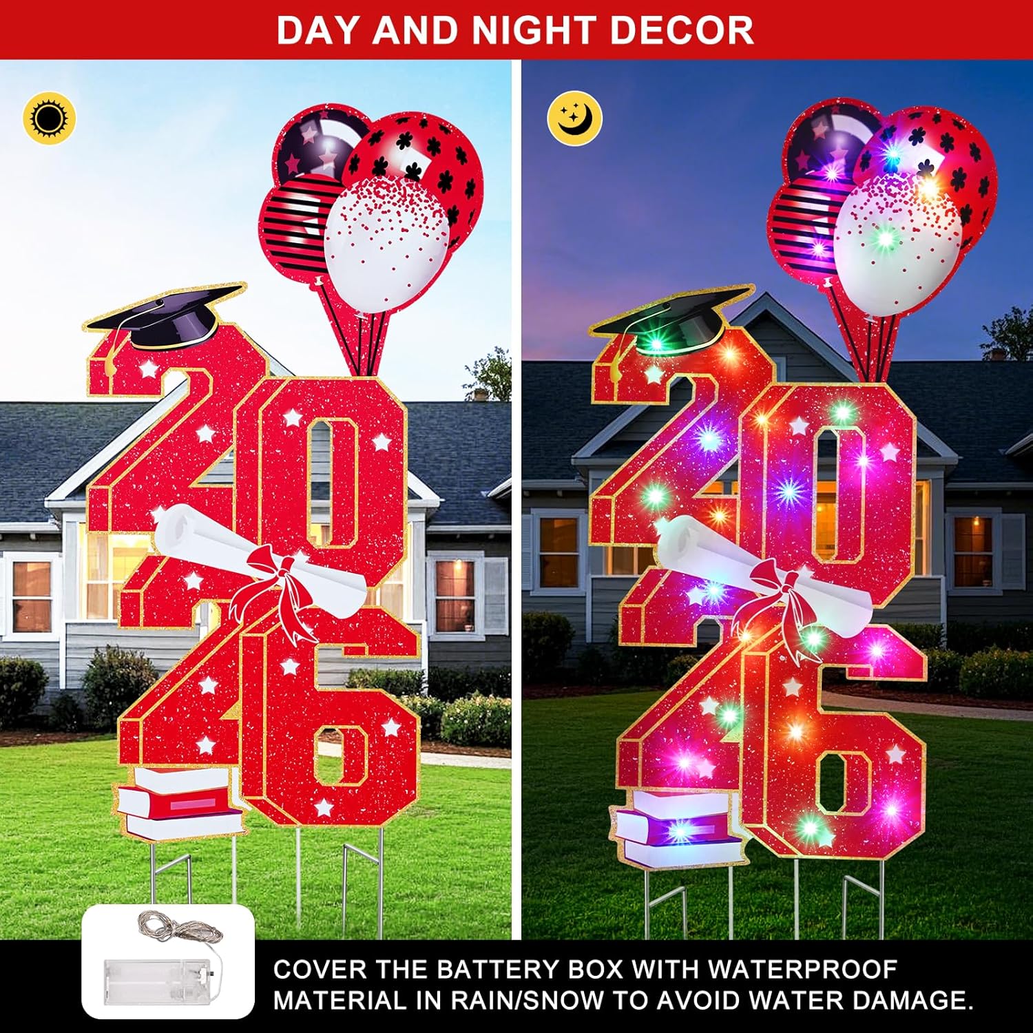 FRAMICS 36.6 Inch Graduation Decorations 2026 Reinforced Graduation Yard Signs Class of 2026 Graduation Party Decoration with Metal Stakes, Outdoor Congrats Lawn Sign with LED Lights, Red