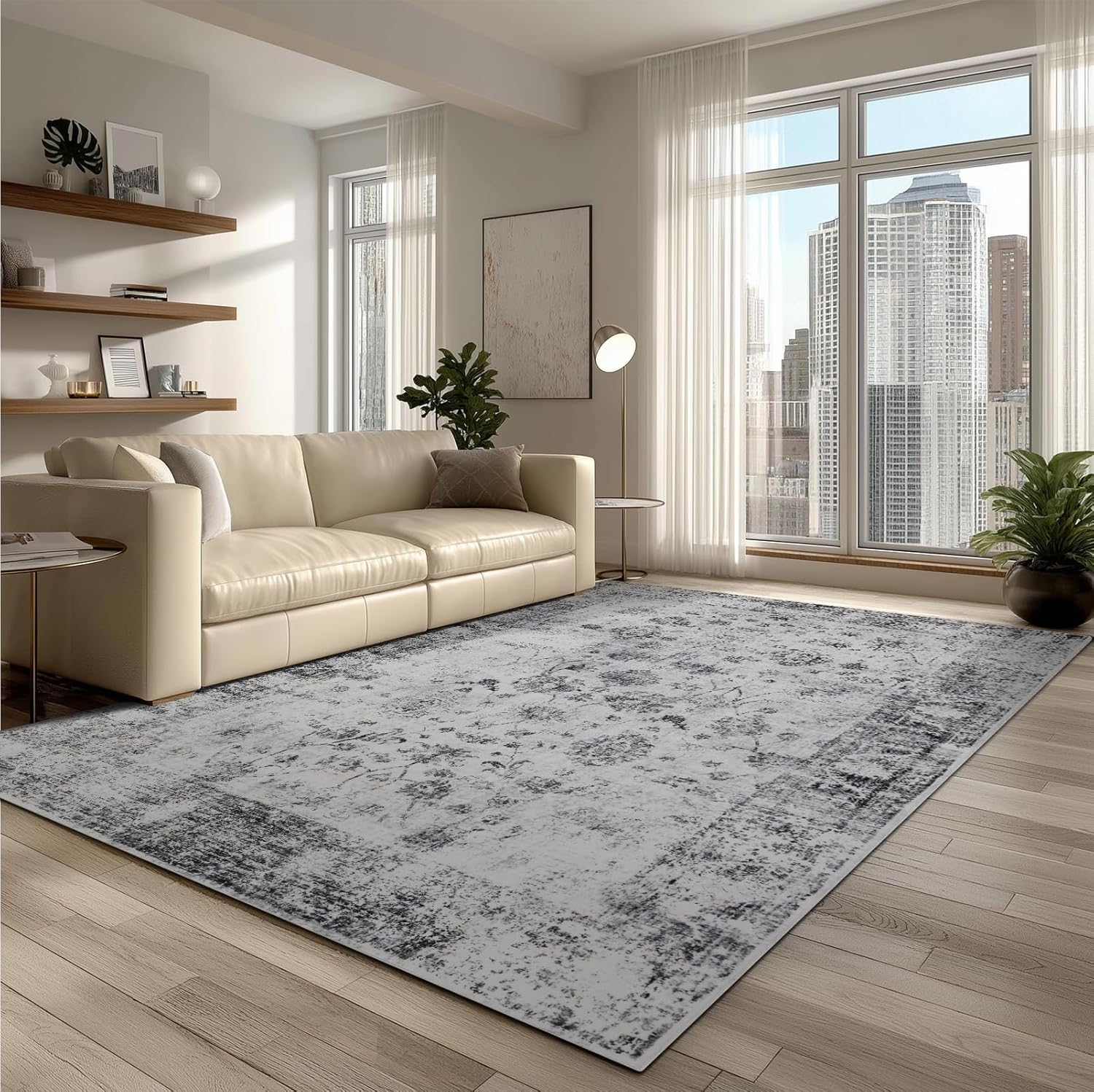 9x12 Area Rug Living Room Rugs, Stain Resistant Washable Rug, Vintage Large Non-Slip Backing, Low Pile Lightweight Print Rug for Bedroom Dinning Room Home Office (White/Grey) White/Grey 9' x 12' (Rectangular)