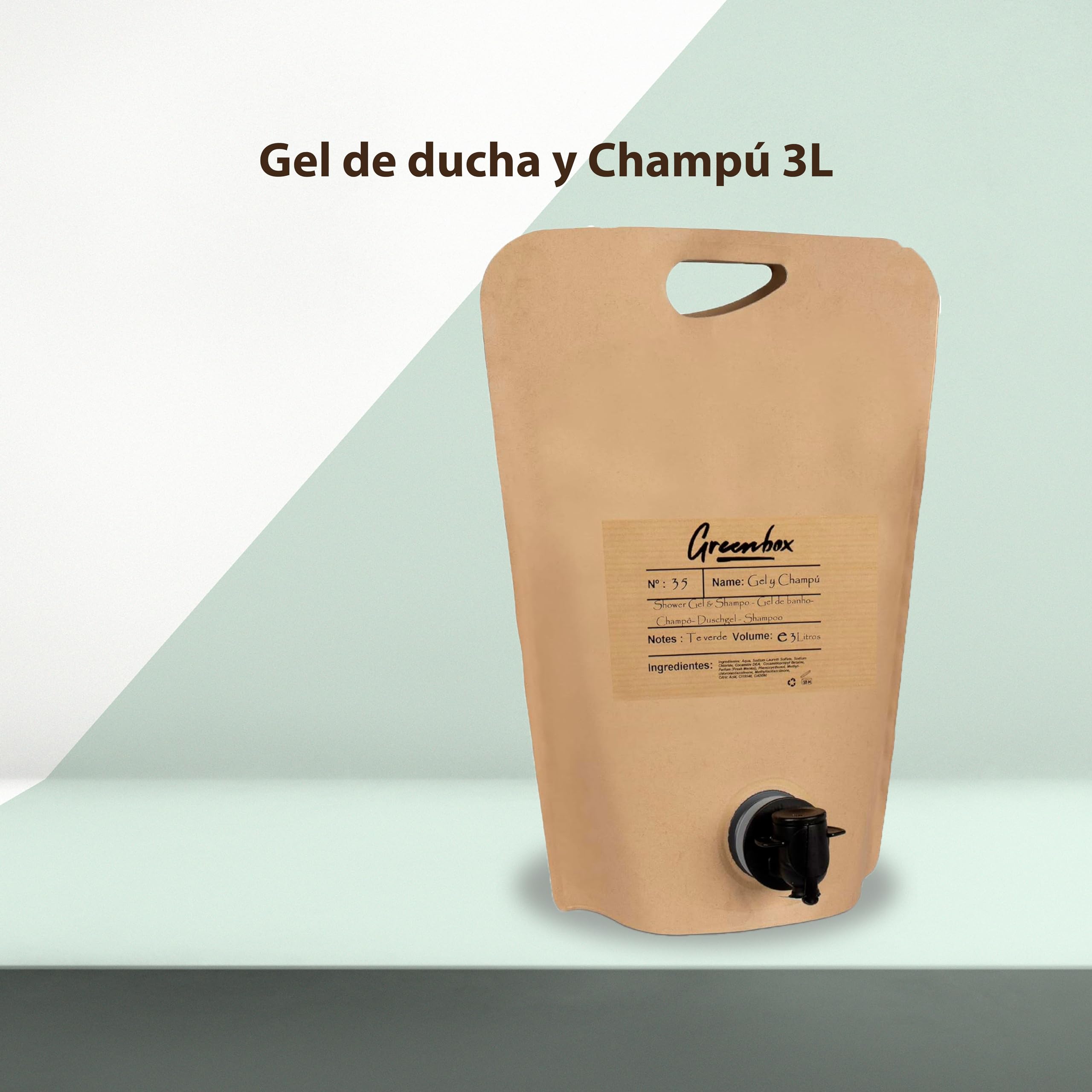 Ricarica gel e shampoo in "bag in box" BIO - Gel doccia e shampoo 2in1 con aroma di tè verde, 3L. Imballaggio ecologico e maniglia per il trasporto. Risparmia denaro e aiuta l'ambiente.
