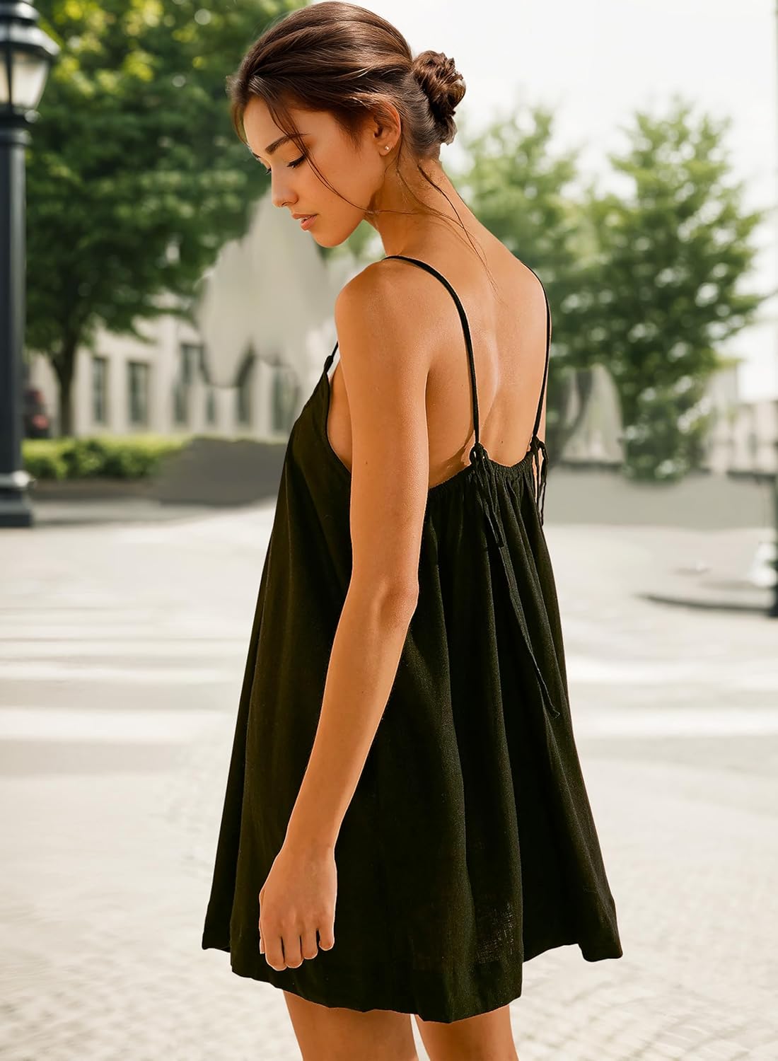 Womens Sundresses Mini Linen Beach Cover Up Tank Summer Casual Spaghetti Strap Sleeveless Dress with Pockets - Image 5