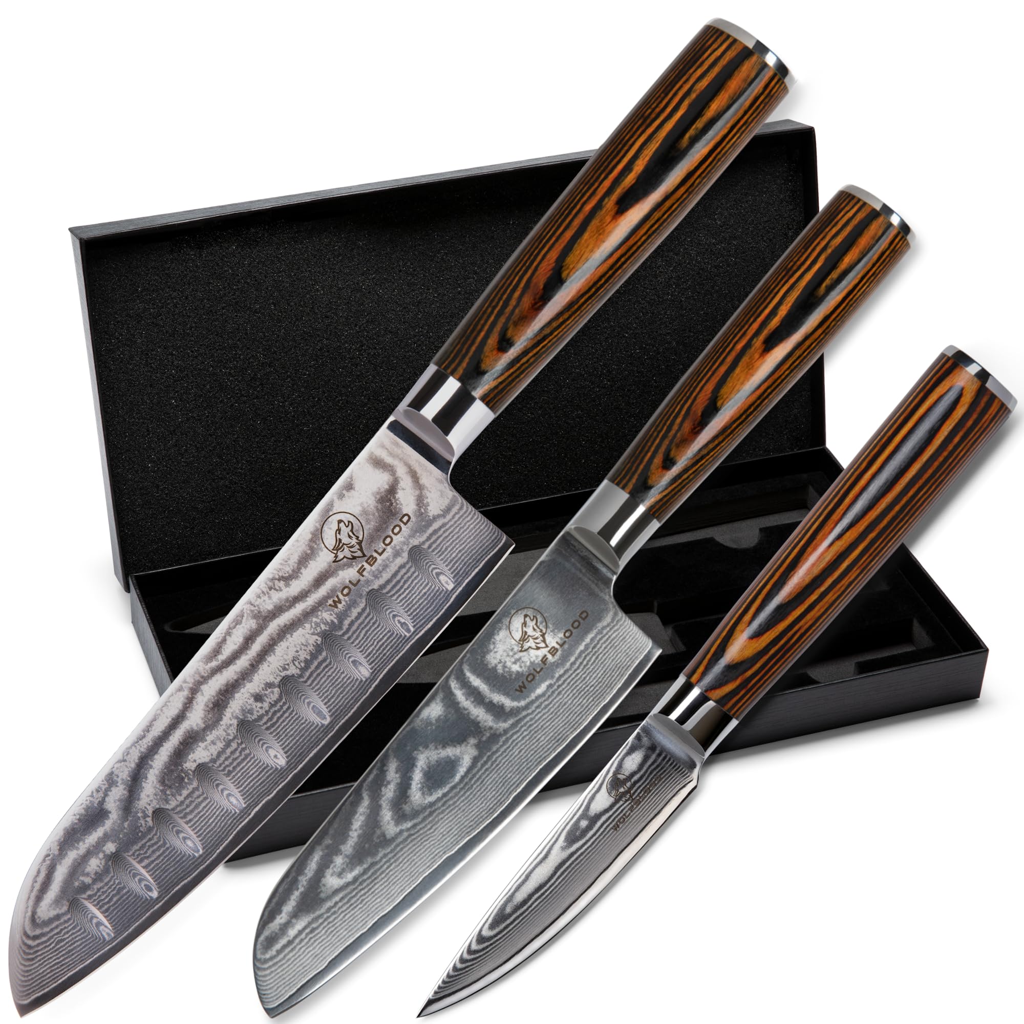 Wolfblood zestaw 3 noży Santoku ze stali damasceńskiej 67 warstw (30, 24 i 20 cm) | Profesjonalne noże kuchenne VG10 | Noże Santoku, nóż do obierania, pudełko na prezent i osłona ostrza