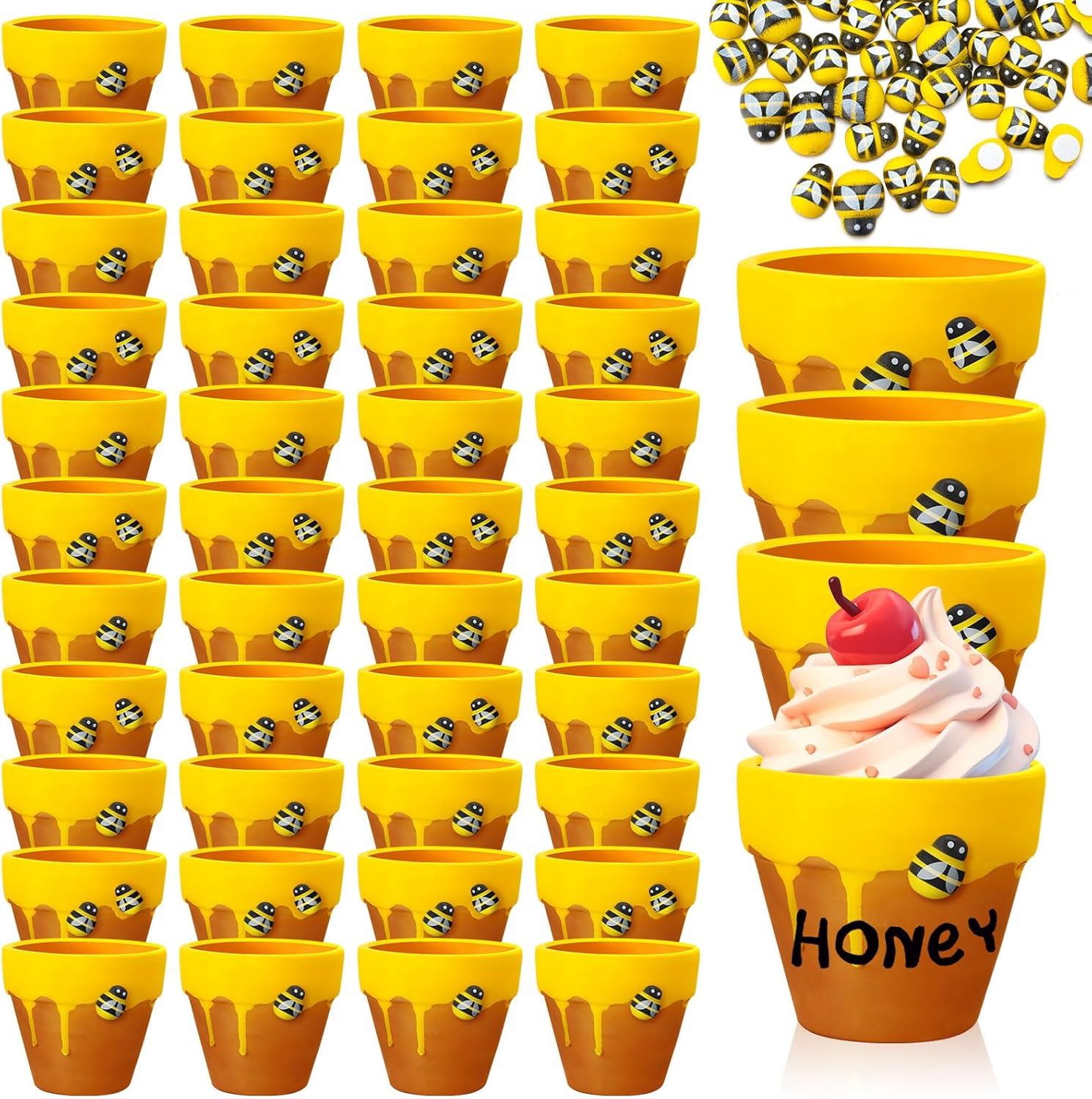 48 Pack Mini Honey Bee Pots with Bee Charms for Cupcake, Honey Ceramic Jars Cute Honey Party Favors for Bee Themed Guests Wedding (Cute Style) 48 Cute Style